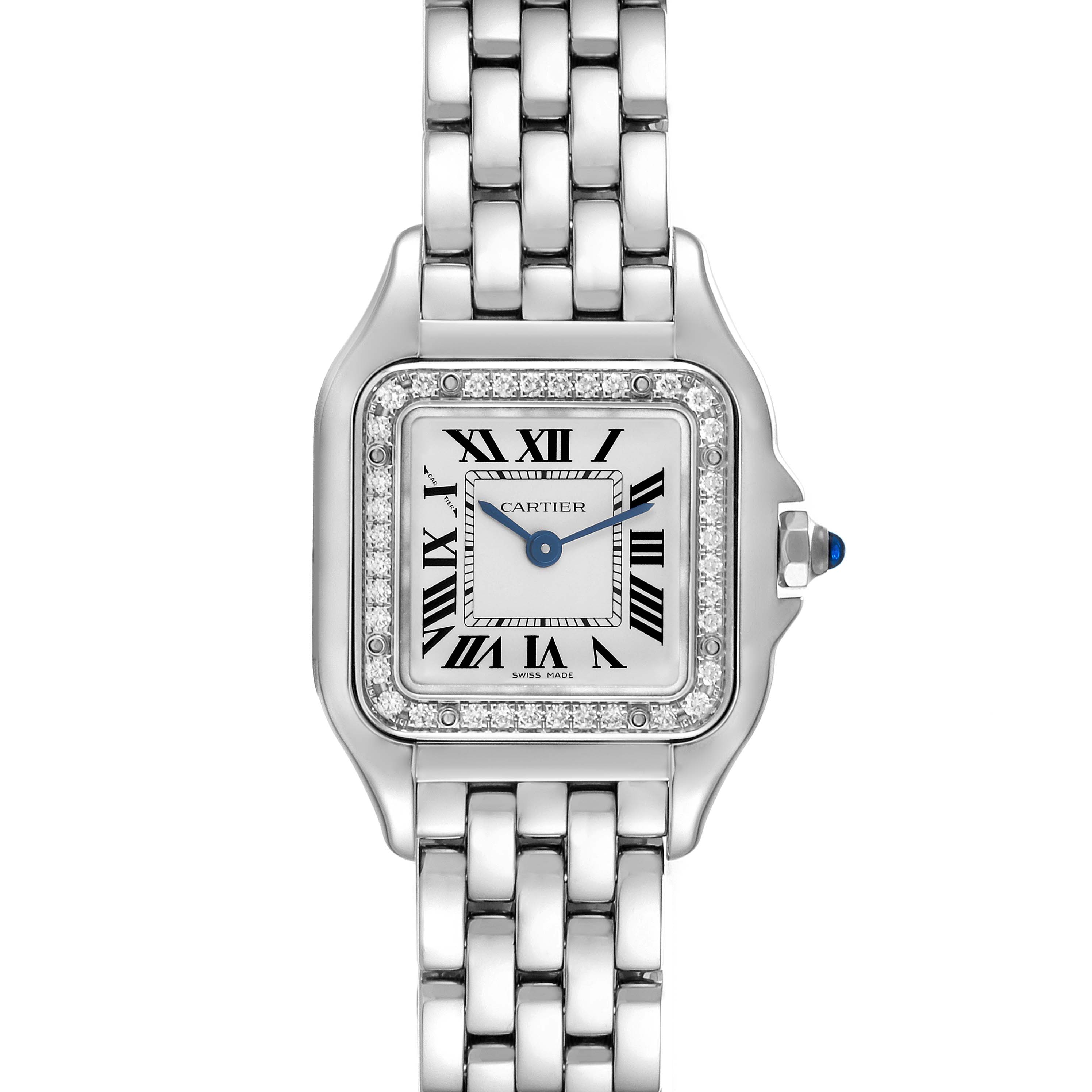 The image shows a front view of the Cartier Panthere W4PN0007 Women's Stainless Steel Silver Dial W4PN0007 Women's Stainless Steel Silver Dial model watch, highlighting the face, bezel, and bracelet.