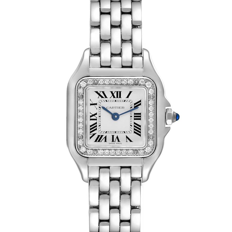 The image shows a front view of the Cartier Panthere model watch, highlighting the face, bezel, and bracelet.