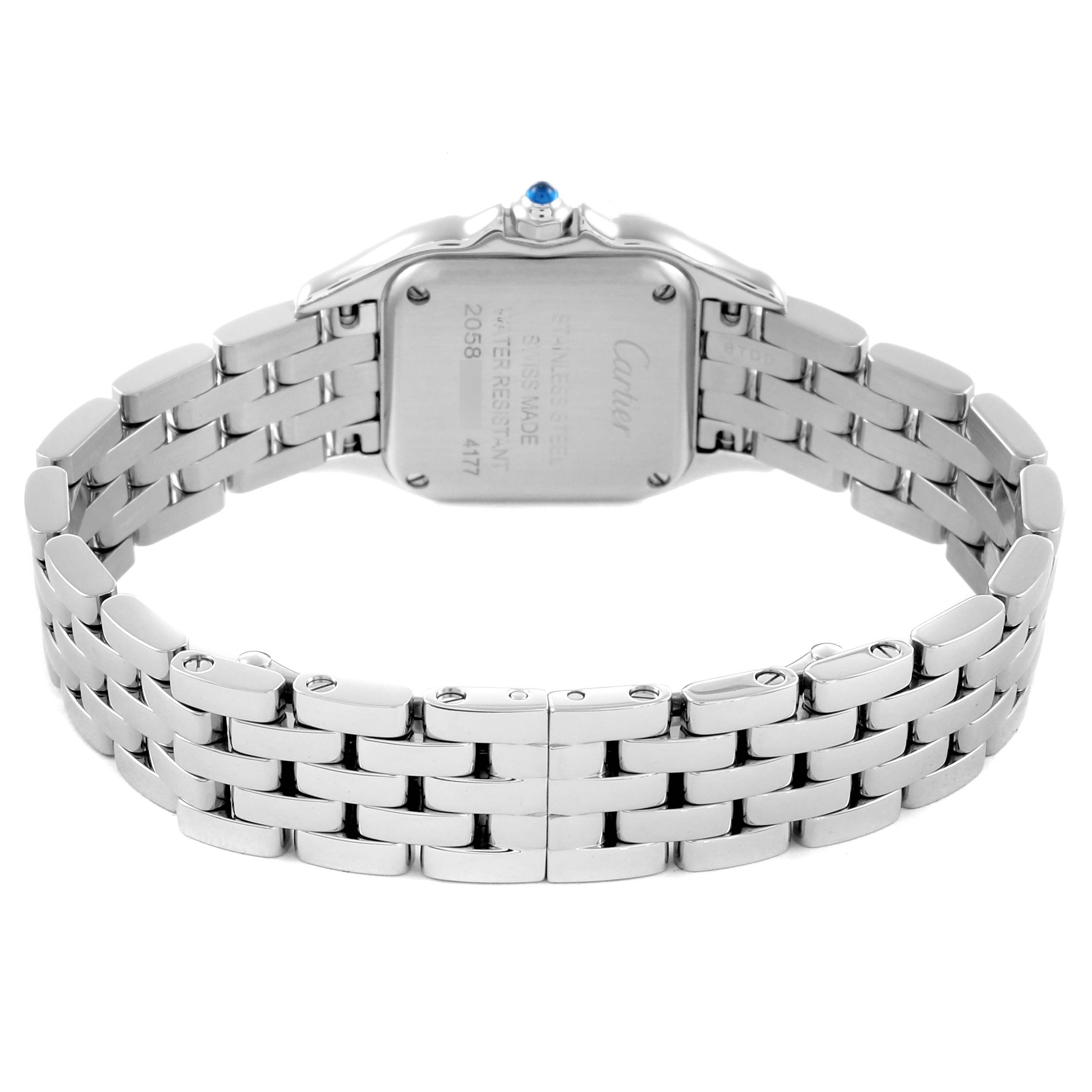 The image shows the back and bracelet of the Cartier Panthere W4PN0007 Women's Stainless Steel Silver Dial W4PN0007 Women's Stainless Steel Silver Dial watch, highlighting the clasp and case back.