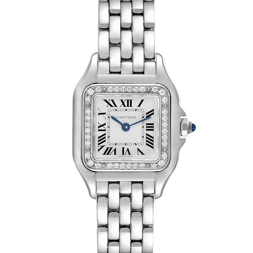 The Cartier Panthere watch is shown from a front angle, displaying the face, Roman numerals, bezel, and bracelet.