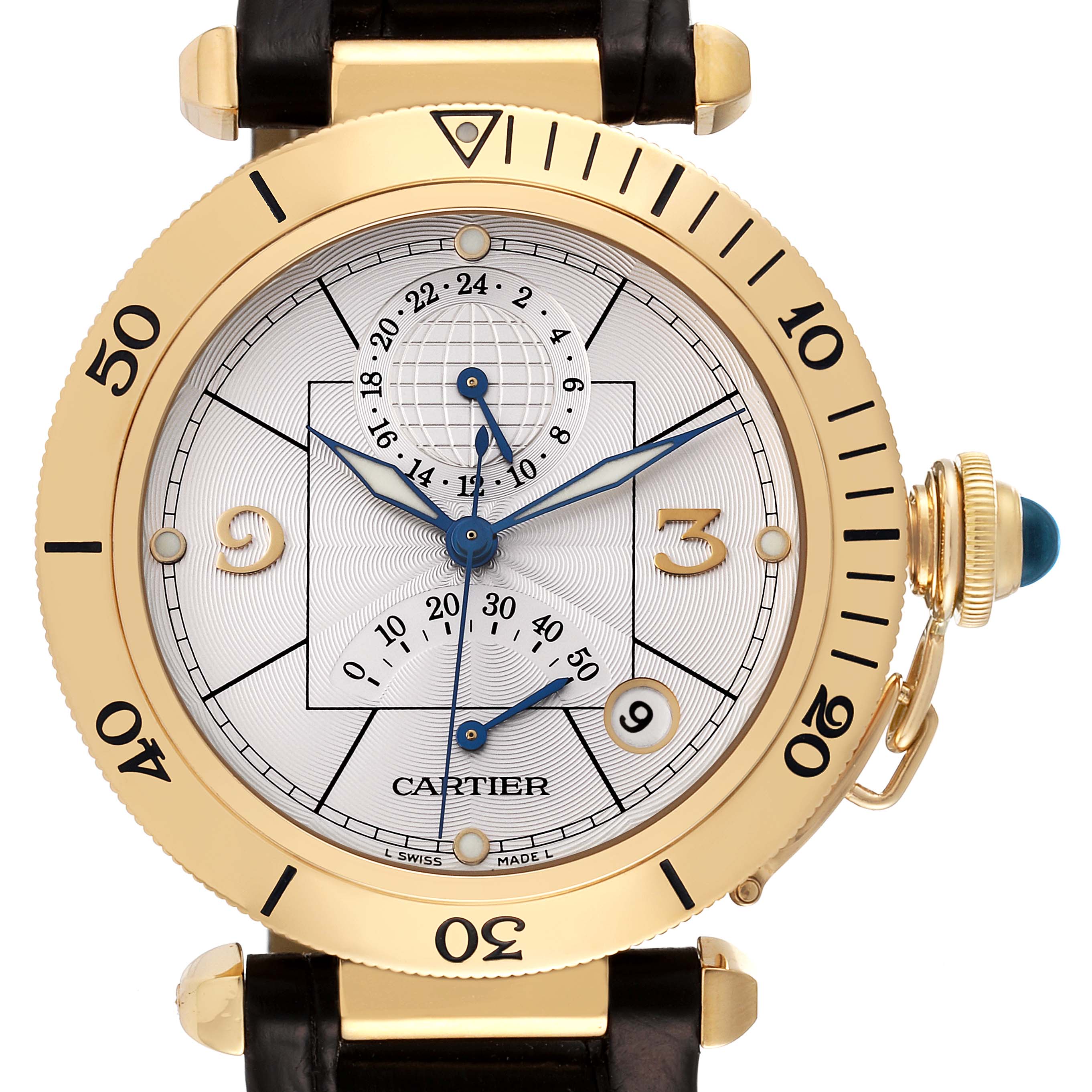 The image displays the face of a Cartier Pasha W30144D1 Men's Yellow Gold Silver Dial W30144D1 Men's Yellow Gold Silver Dial watch from a front angle, showcasing its gold bezel, blue hands, and black leather strap.