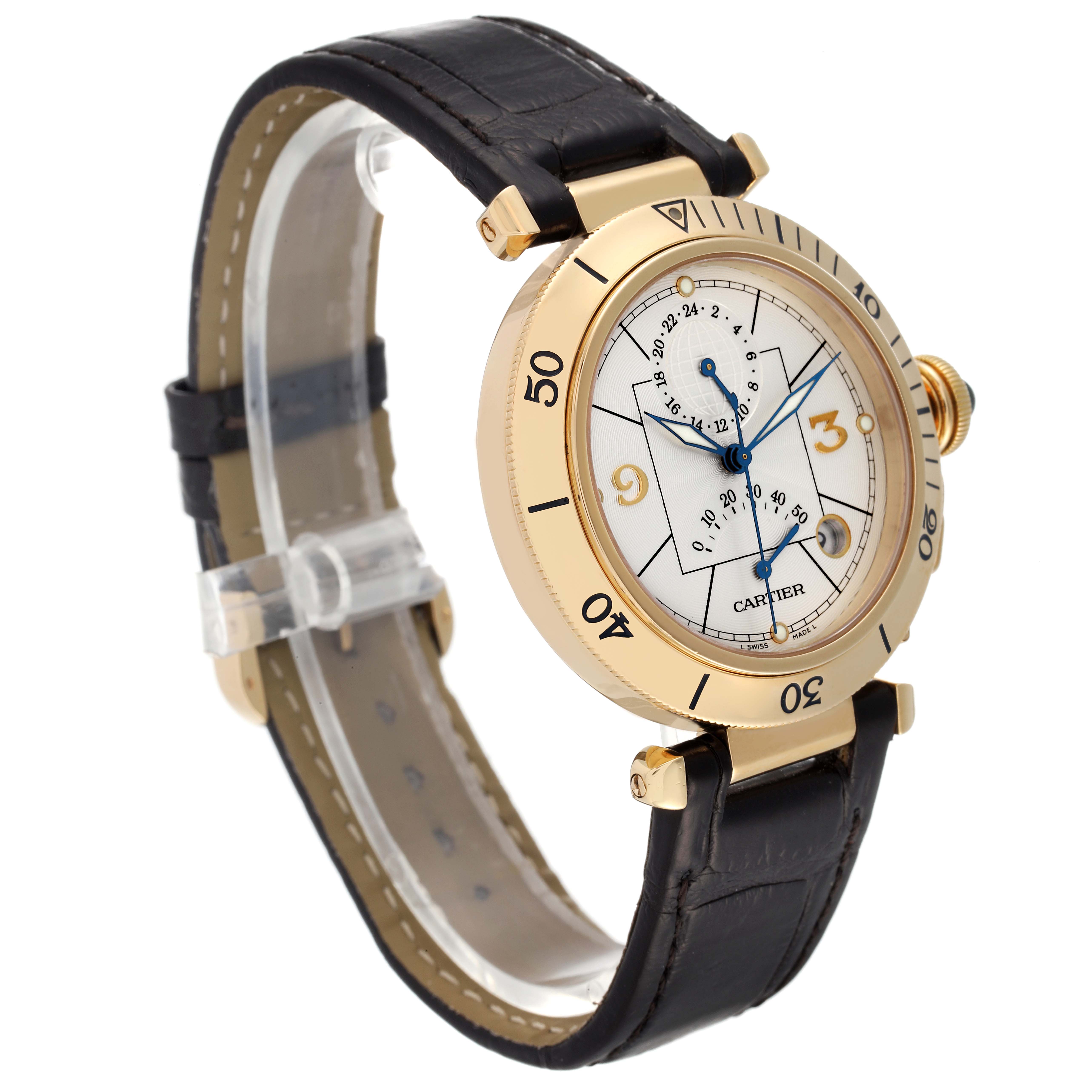 The Cartier Pasha W30144D1 Men's Yellow Gold Silver Dial W30144D1 Men's Yellow Gold Silver Dial watch is shown at a three-quarter angle, highlighting its dial, bezel, crown, and leather strap.