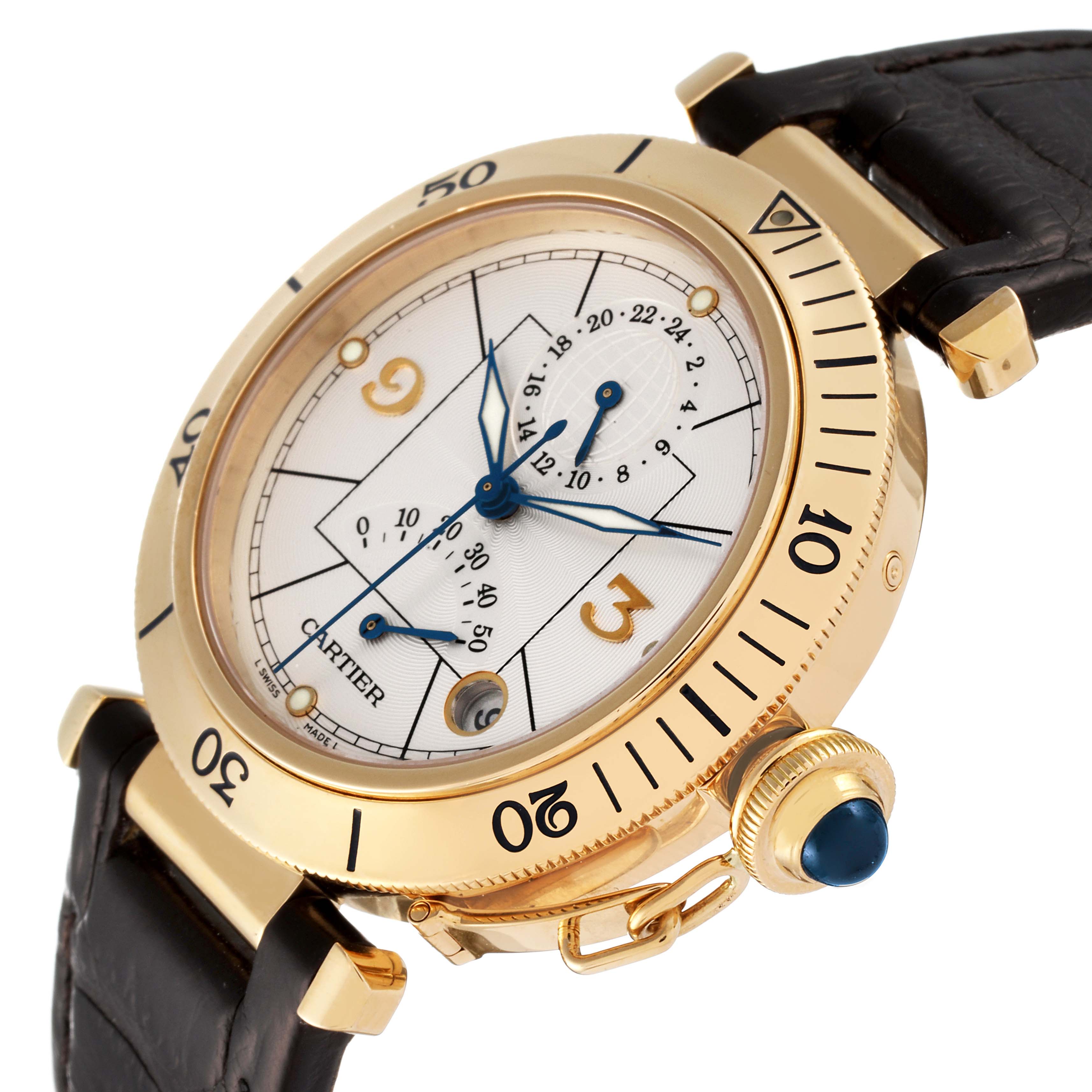 The Cartier Pasha W30144D1 Men's Yellow Gold Silver Dial W30144D1 Men's Yellow Gold Silver Dial watch is shown from an angle revealing the face, bezel, crown, and part of the leather strap.