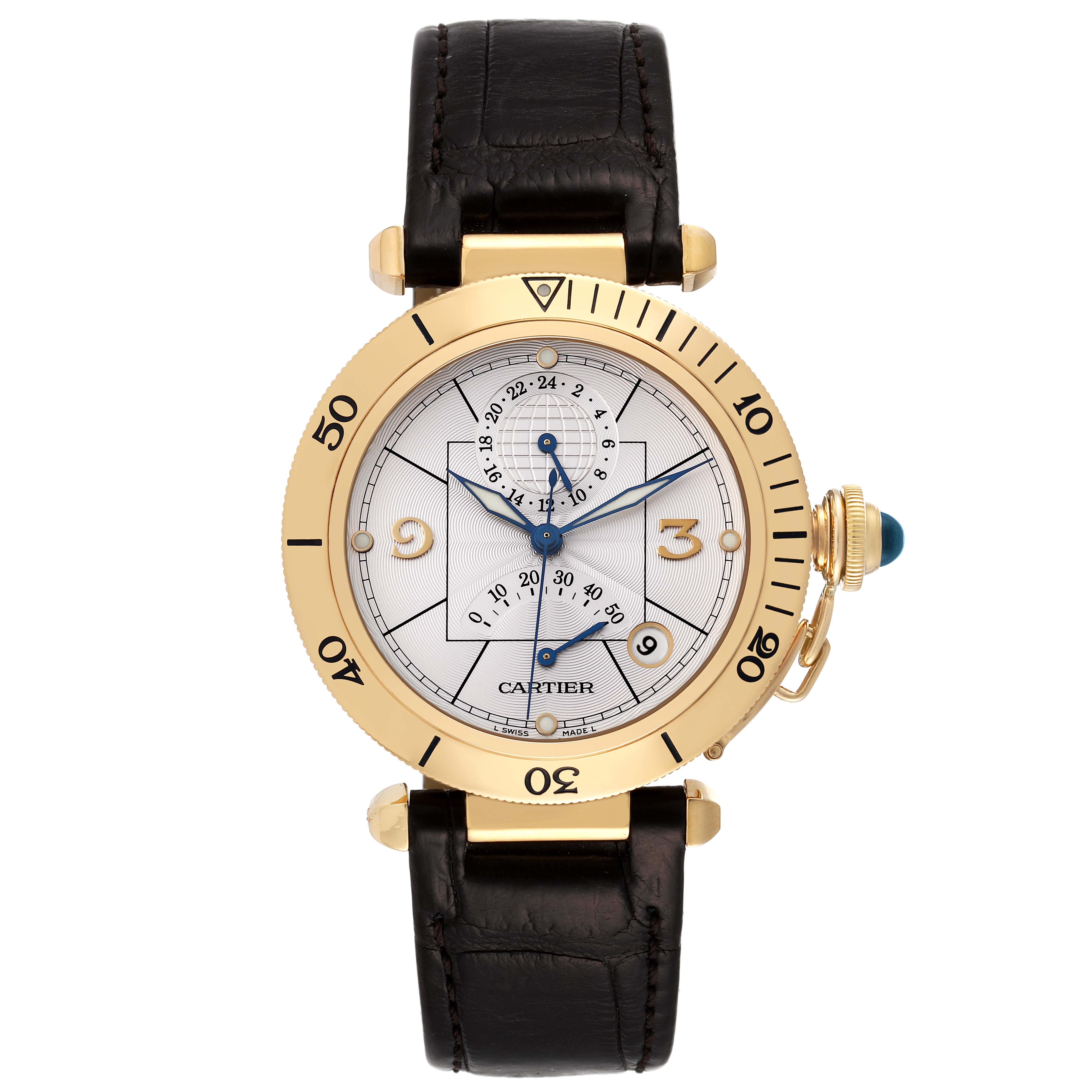 This image shows a Cartier Pasha W30144D1 Men's Yellow Gold Silver Dial W30144D1 Men's Yellow Gold Silver Dial model watch from a front view, displaying the face, bezel, and leather strap.