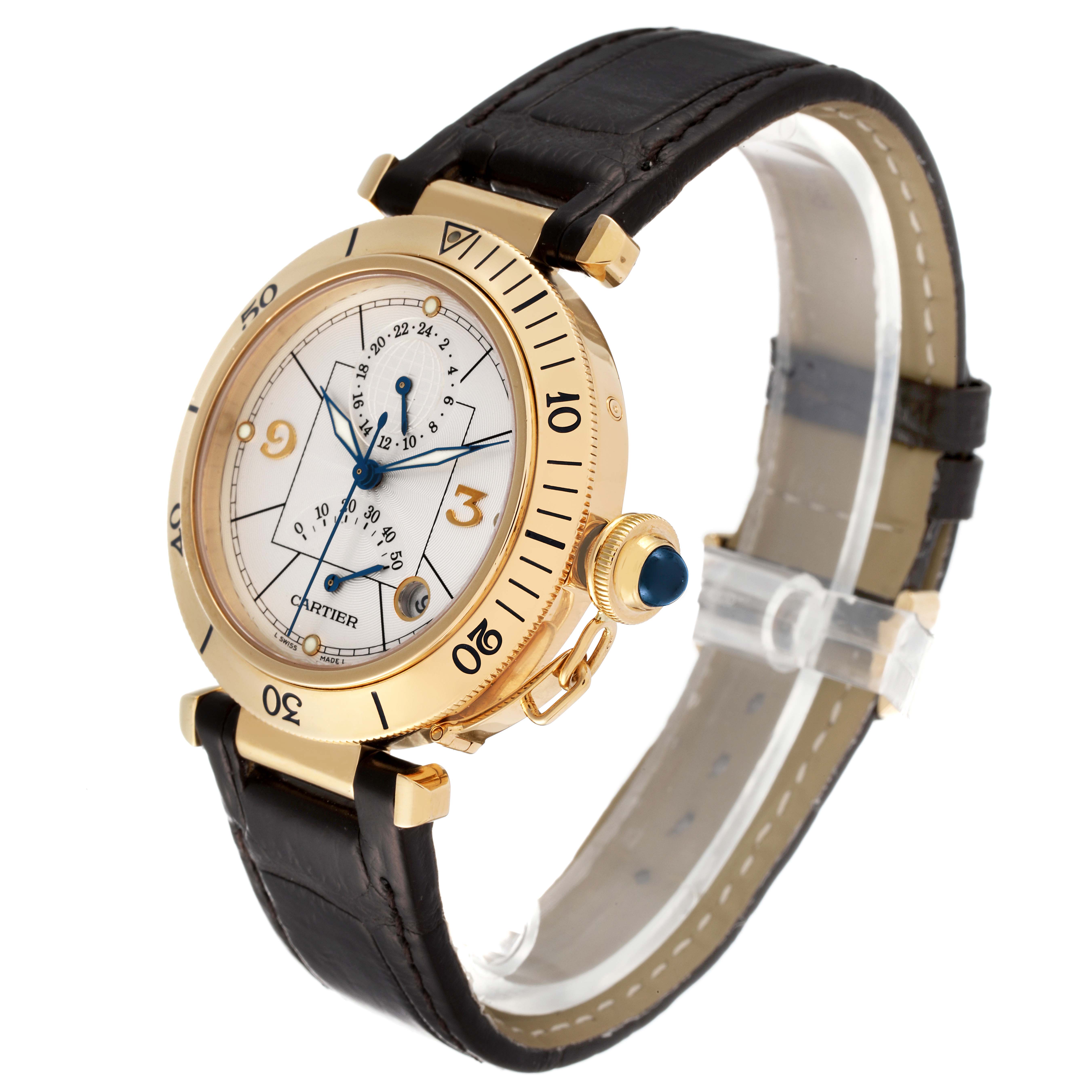 This image shows a Cartier Pasha W30144D1 Men's Yellow Gold Silver Dial W30144D1 Men's Yellow Gold Silver Dial watch at a three-quarter angle, highlighting its gold bezel, face, crown, and leather strap.