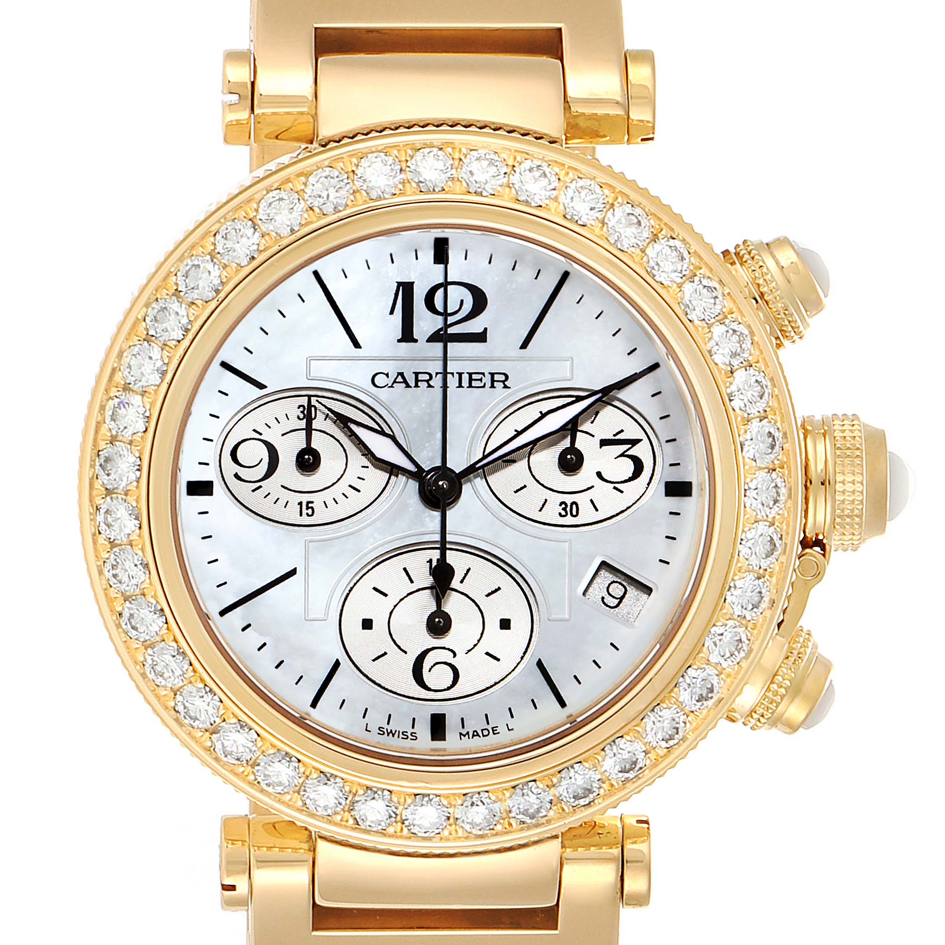 The Cartier Pasha WJ130007 Women's Yellow Gold Mother of Pearl Dial WJ130007 Women's Yellow Gold Mother of Pearl Dial watch is shown from the front, displaying its face, dial, and adorned bezel.