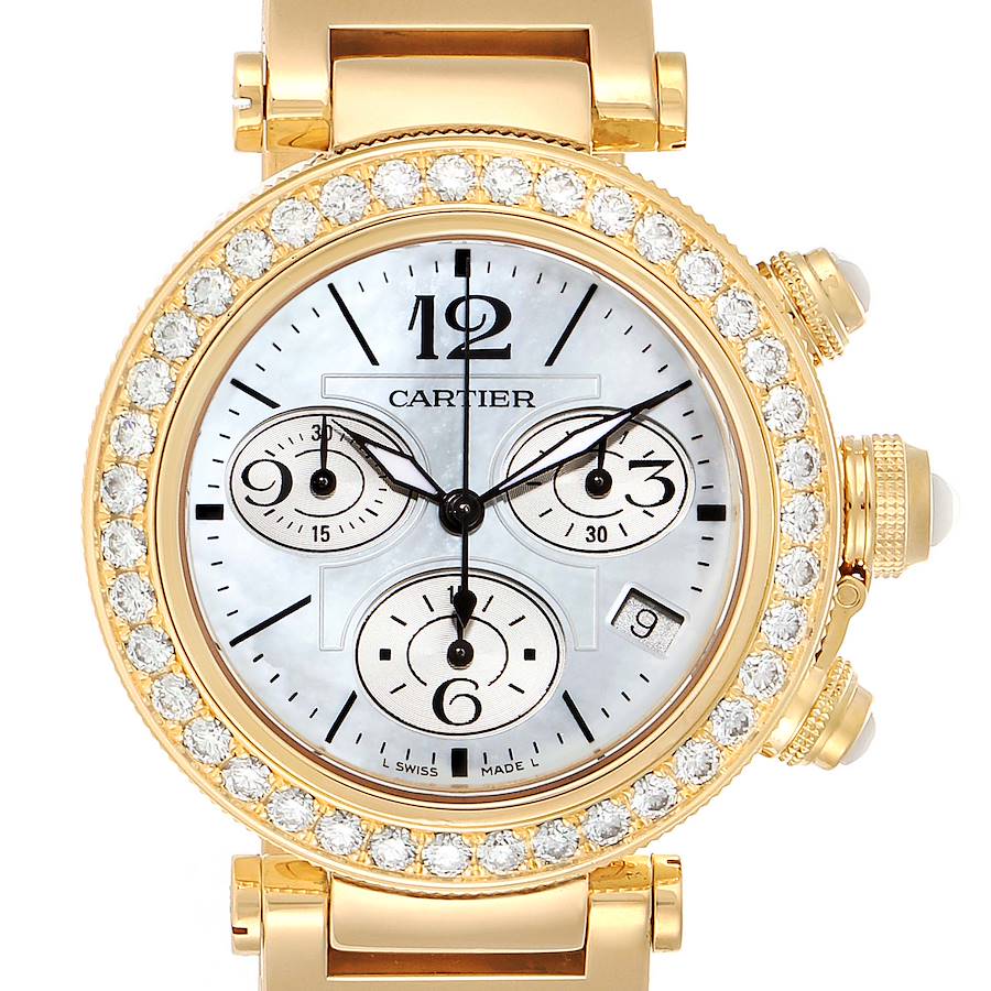 Cartier Pasha Seatimer Chronograph Yellow Gold Diamond Watch WJ130007 SwissWatchExpo