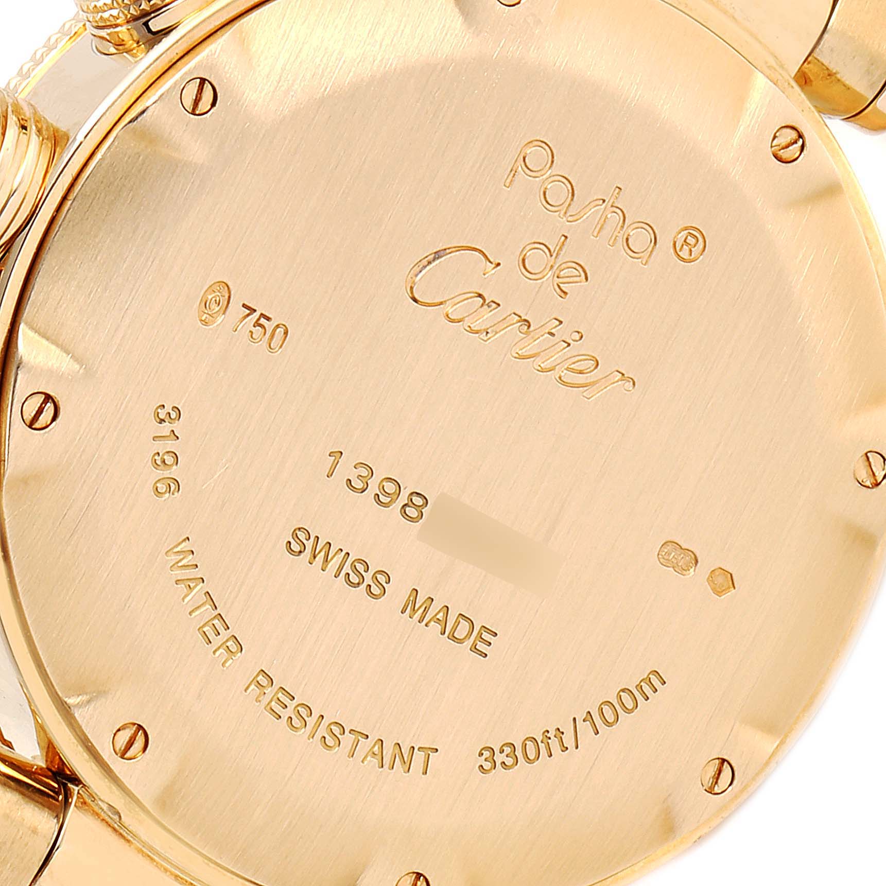 The image shows the back case of a Pasha model watch by Cartier, highlighting its water resistance and "Swiss Made" marking.