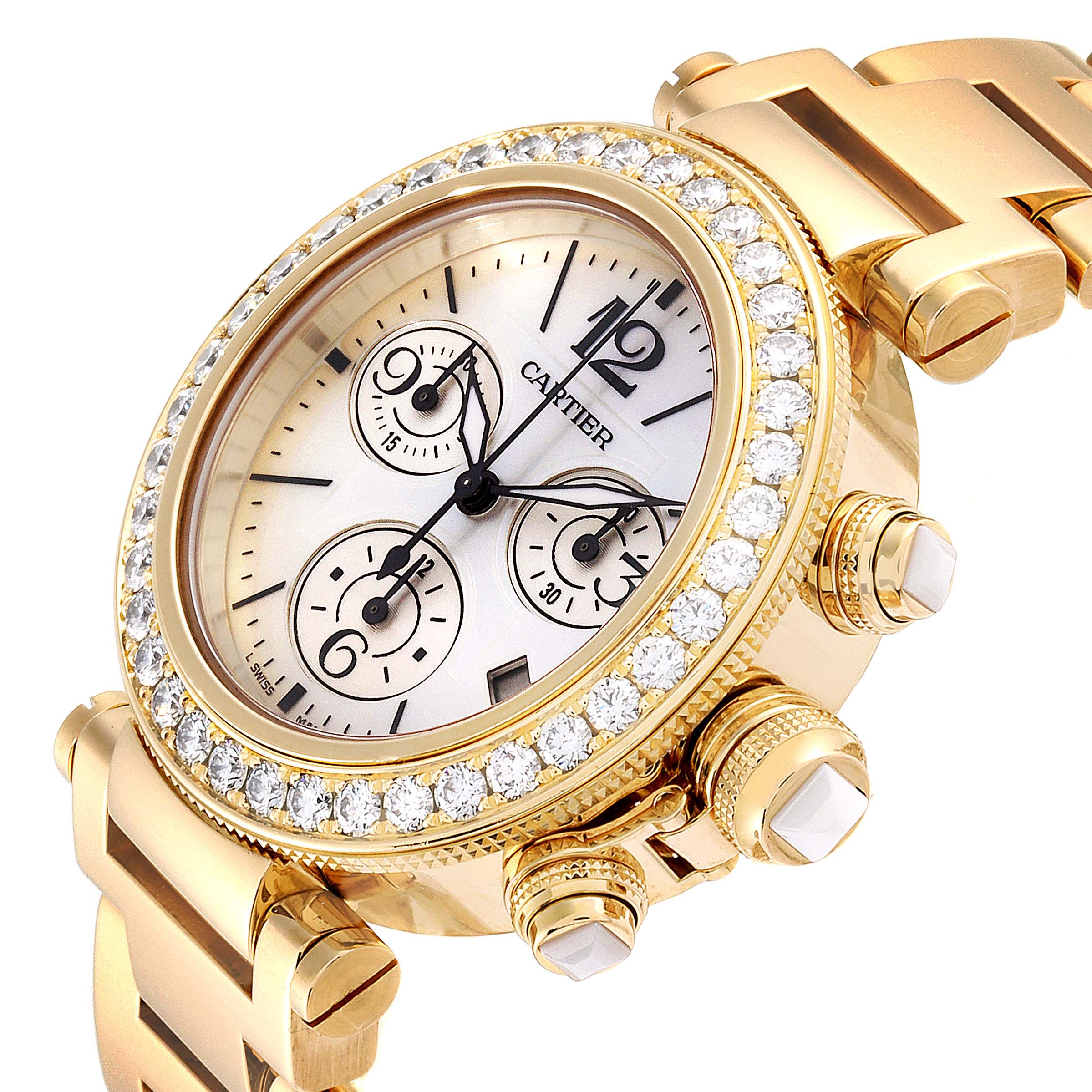 This image shows a close-up, angled view of a Cartier Pasha WJ130007 Women's Yellow Gold Mother of Pearl Dial WJ130007 Women's Yellow Gold Mother of Pearl Dial watch, highlighting its diamond bezel and chronograph dials.