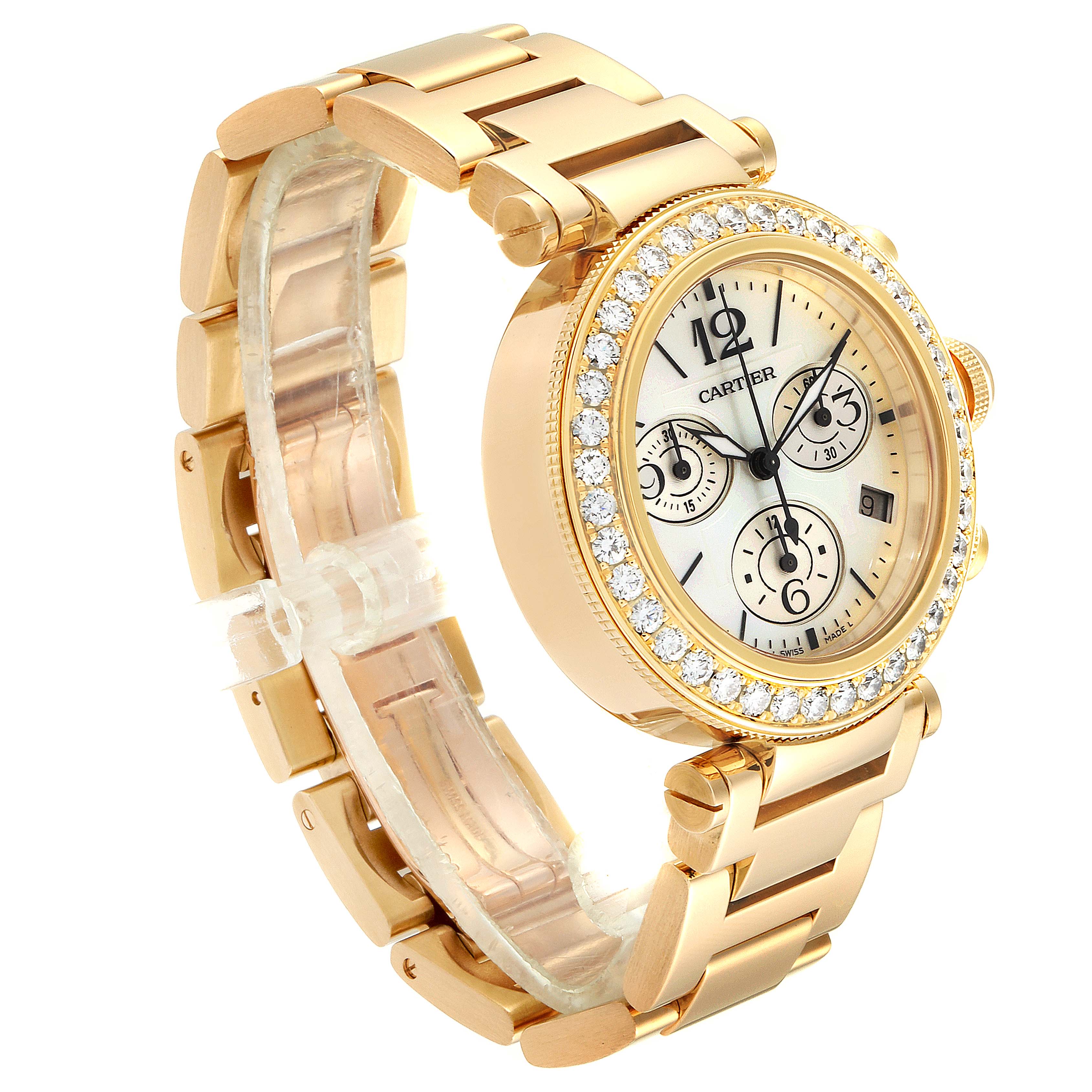 The Cartier Pasha WJ130007 Women's Yellow Gold Mother of Pearl Dial WJ130007 Women's Yellow Gold Mother of Pearl Dial watch is shown in a three-quarter view, highlighting its gold bracelet, diamond bezel, and detailed dial.