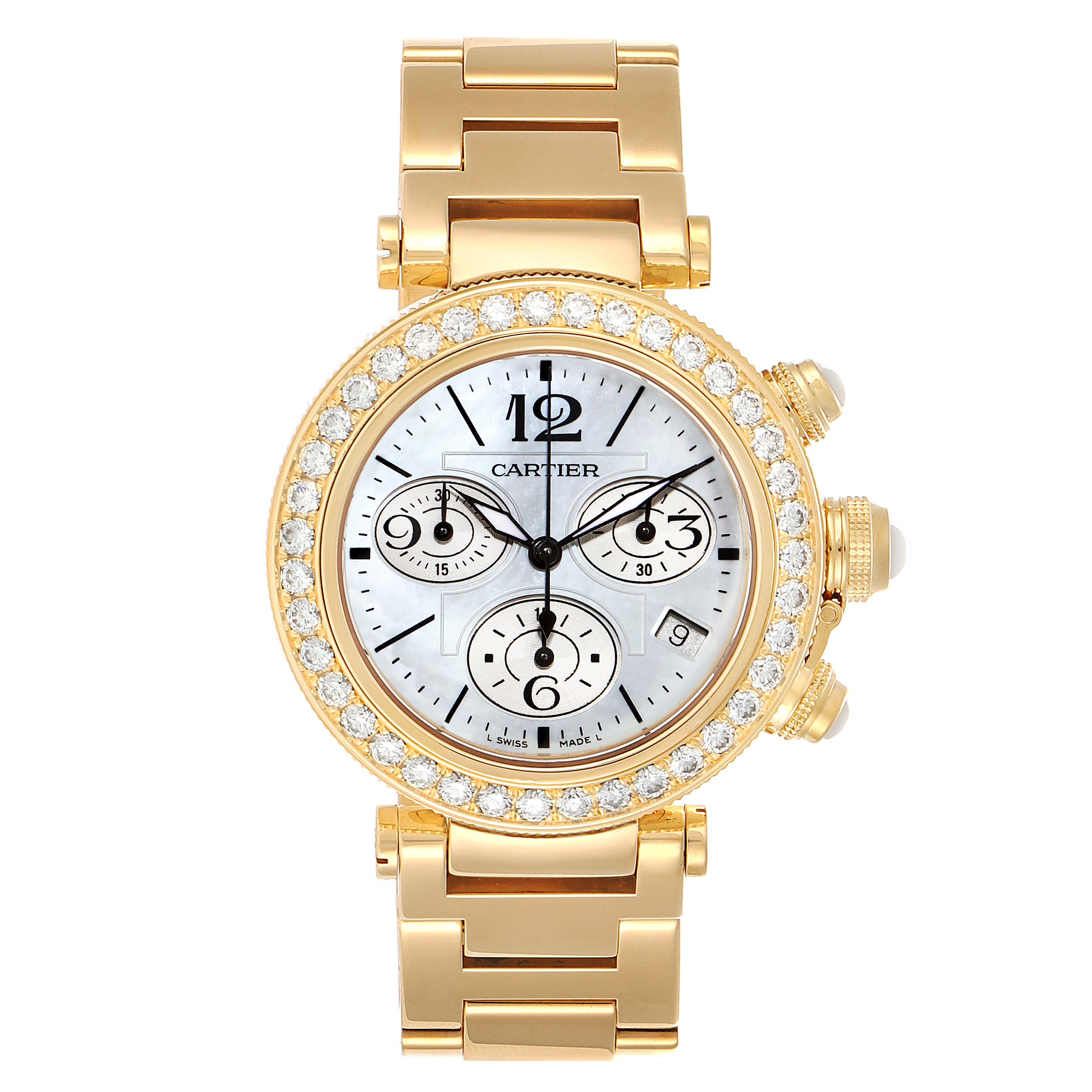 This is a front view of the Cartier Pasha WJ130007 Women's Yellow Gold Mother of Pearl Dial WJ130007 Women's Yellow Gold Mother of Pearl Dial watch, showing the dial, bezel, chronograph subdials, and bracelet.