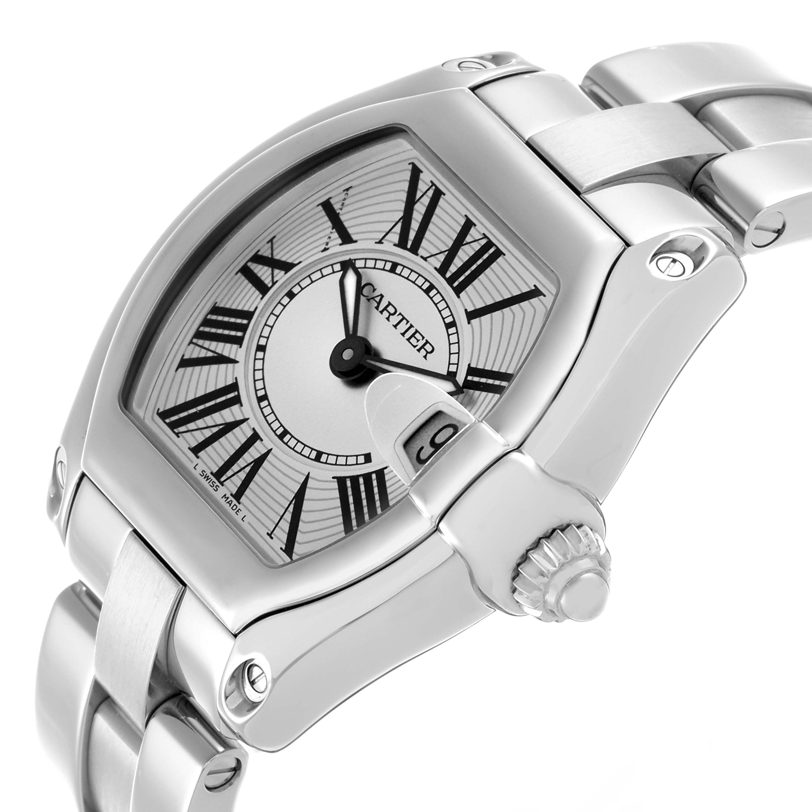 The Cartier Roadster W62016V3 Women's Stainless Steel Silver Dial W62016V3 Women's Stainless Steel Silver Dial watch is shown at an angle, displaying its face, crown, and a portion of the bracelet.