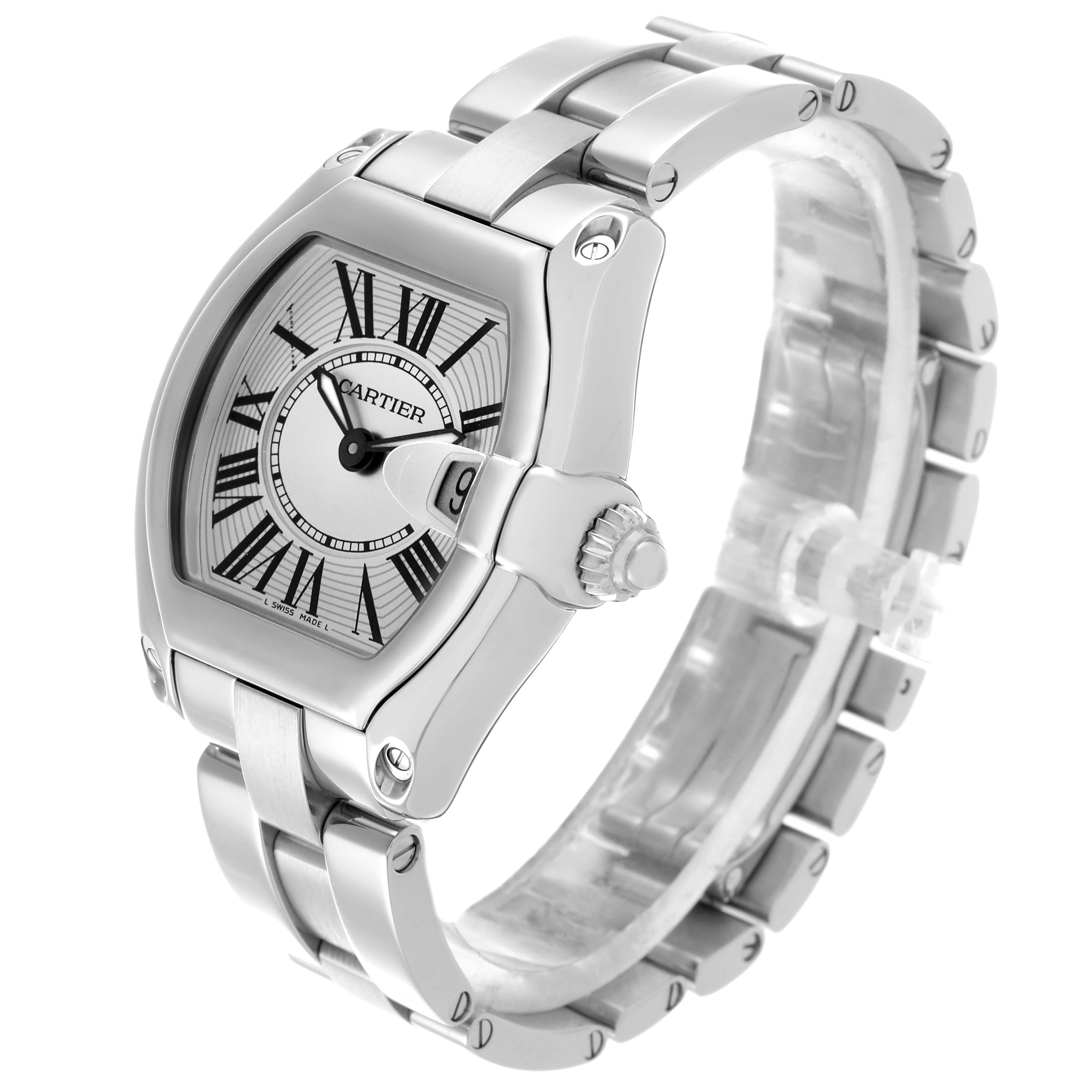 The Cartier Roadster W62016V3 Women's Stainless Steel Silver Dial W62016V3 Women's Stainless Steel Silver Dial watch is shown at a 3/4 angle displaying the face, bezel, crown, and bracelet.