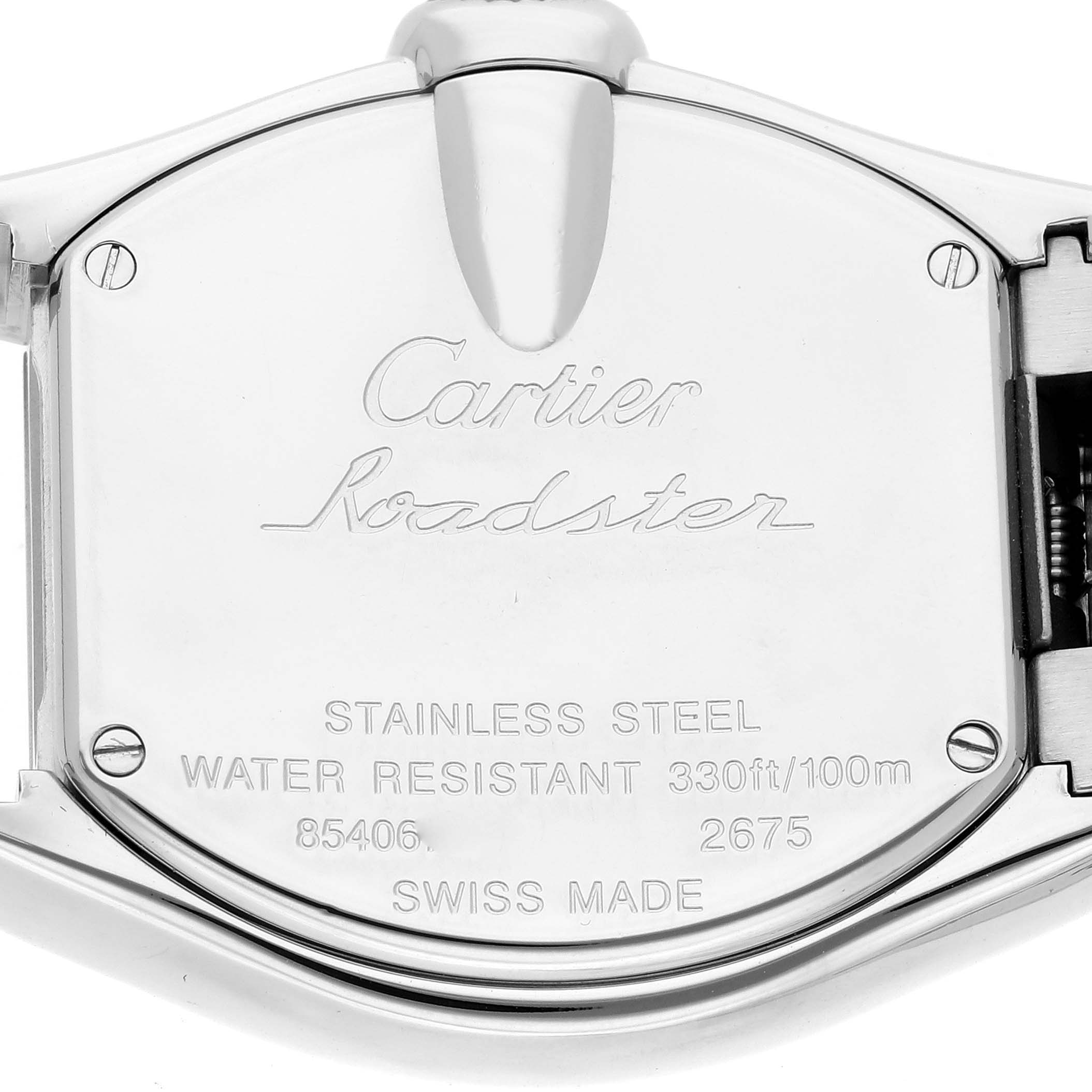 The Cartier Roadster W62016V3 Women's Stainless Steel Silver Dial W62016V3 Women's Stainless Steel Silver Dial watch is shown from the back, displaying its engraved details on the stainless steel case.