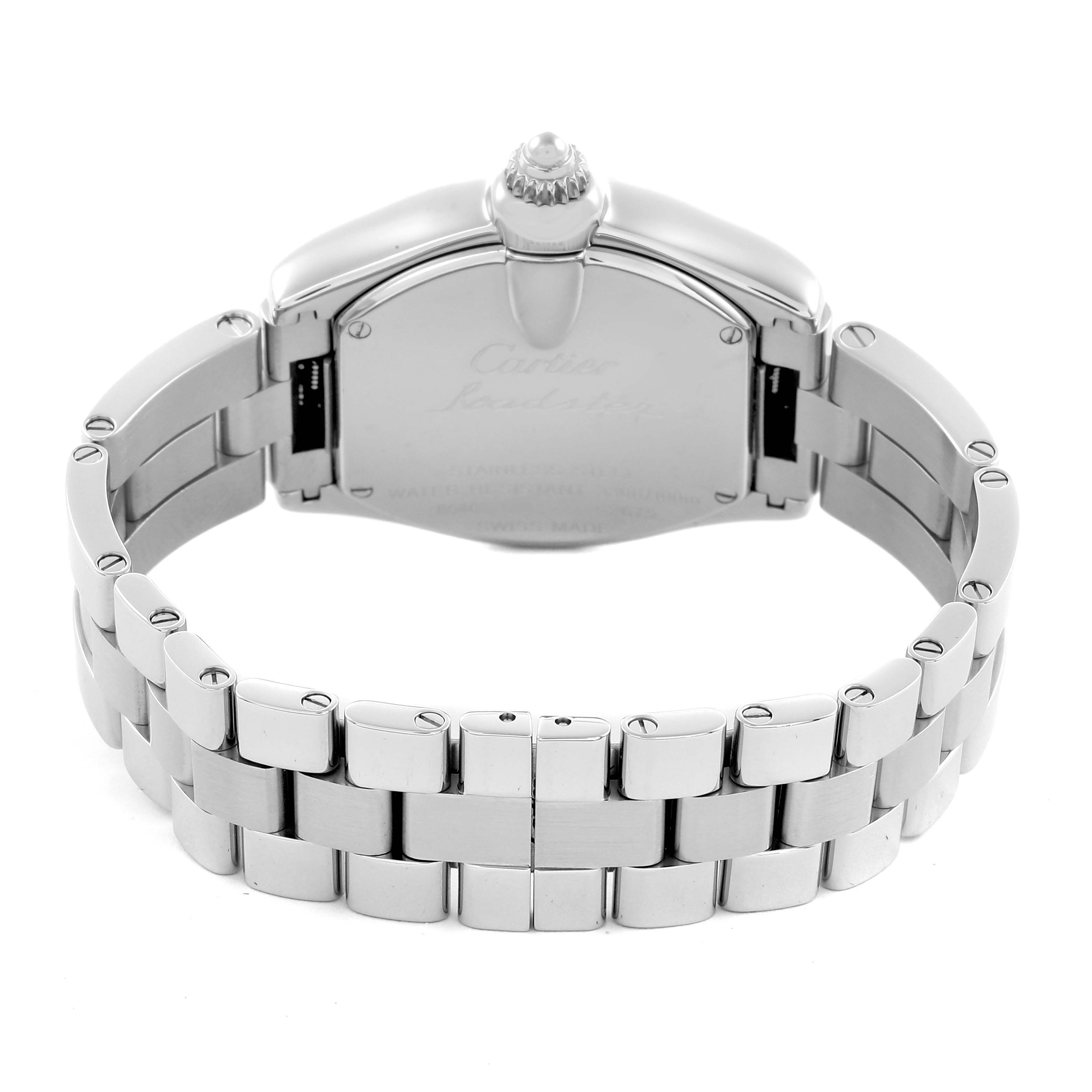 The Cartier Roadster W62016V3 Women's Stainless Steel Silver Dial W62016V3 Women's Stainless Steel Silver Dial watch is shown from the back, highlighting the case back and bracelet.
