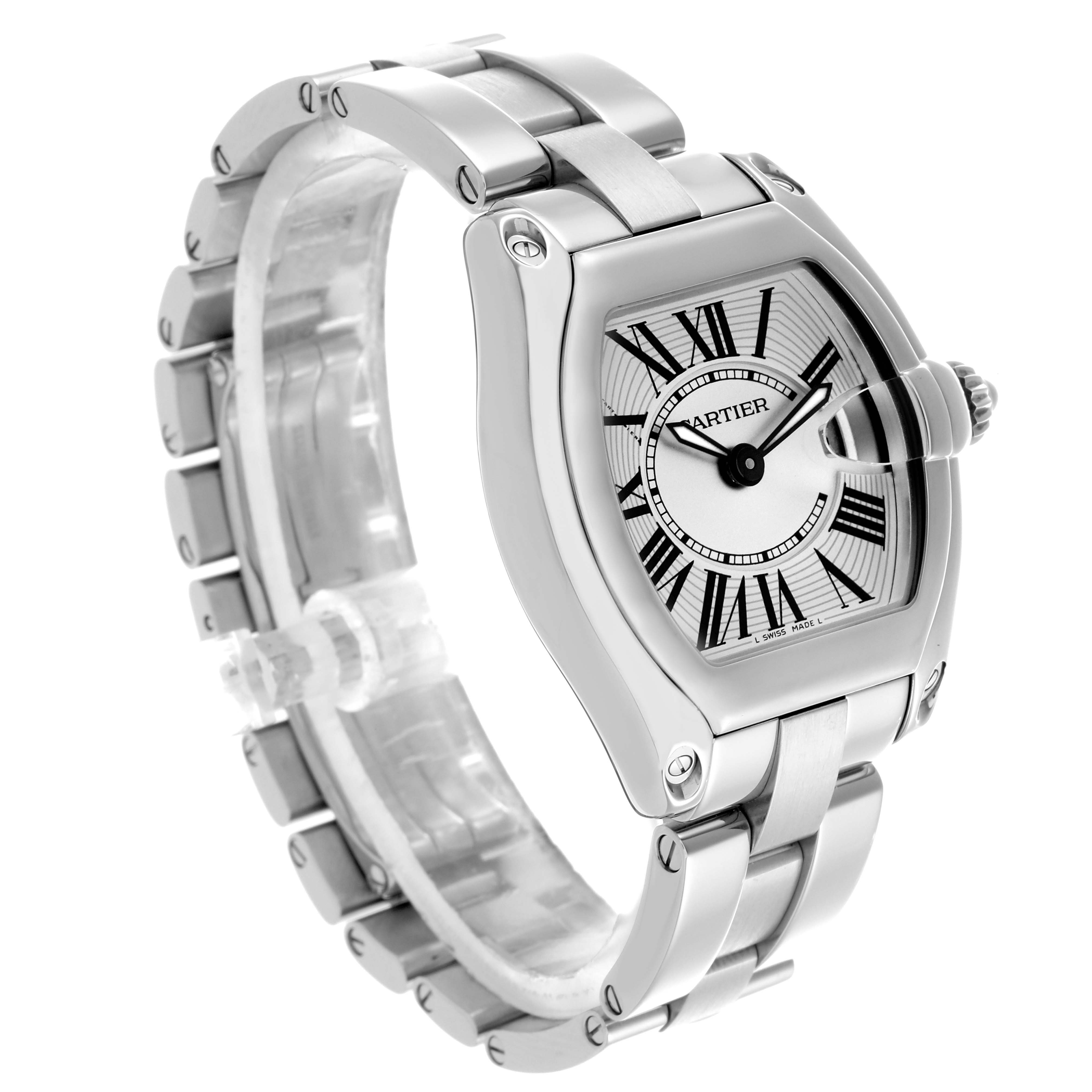 The Cartier Roadster W62016V3 Women's Stainless Steel Silver Dial W62016V3 Women's Stainless Steel Silver Dial watch is shown at a three-quarter angle, highlighting the face, case, and stainless steel bracelet.