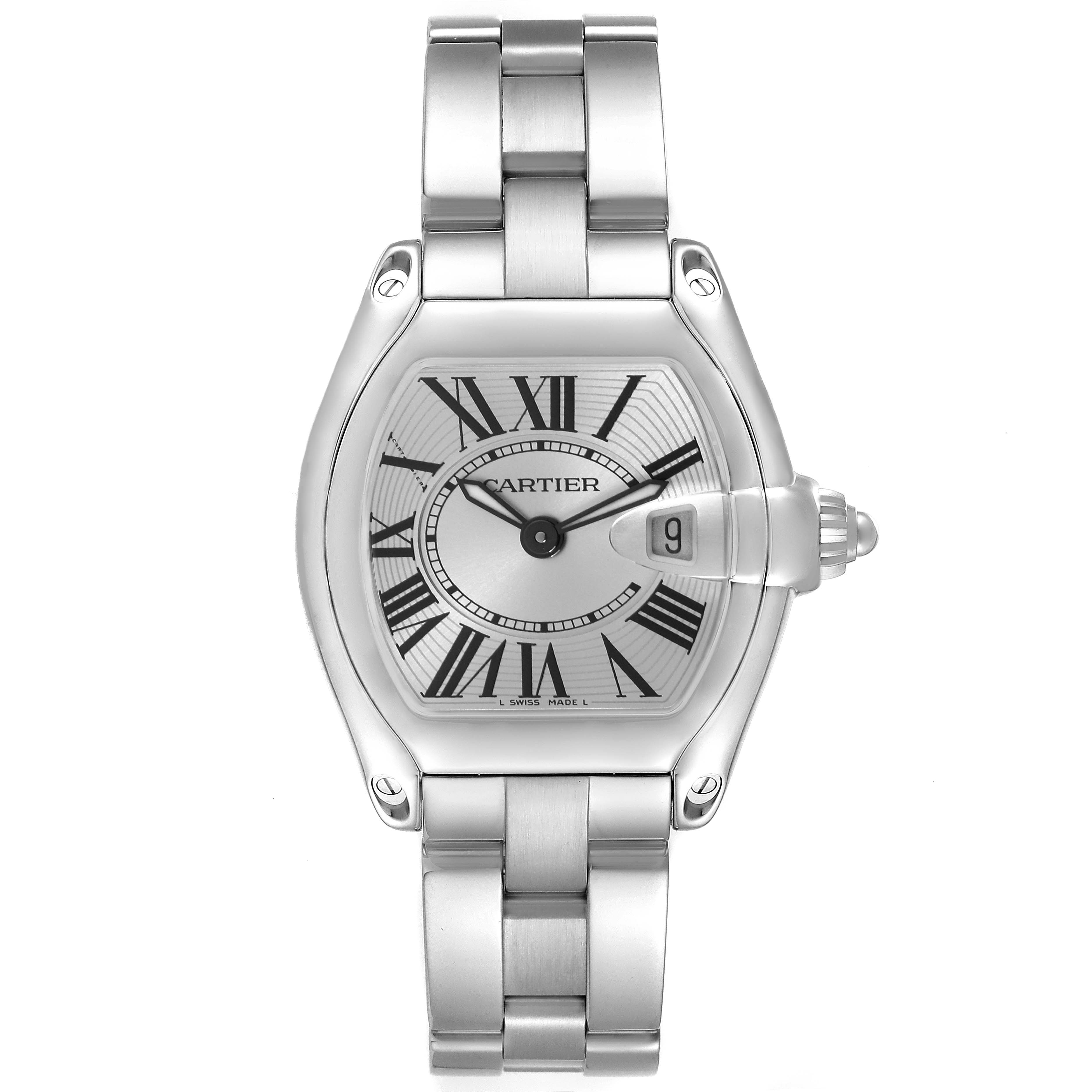 The Cartier Roadster W62016V3 Women's Stainless Steel Silver Dial W62016V3 Women's Stainless Steel Silver Dial watch is shown from a front view, highlighting its face, bezel, and bracelet.