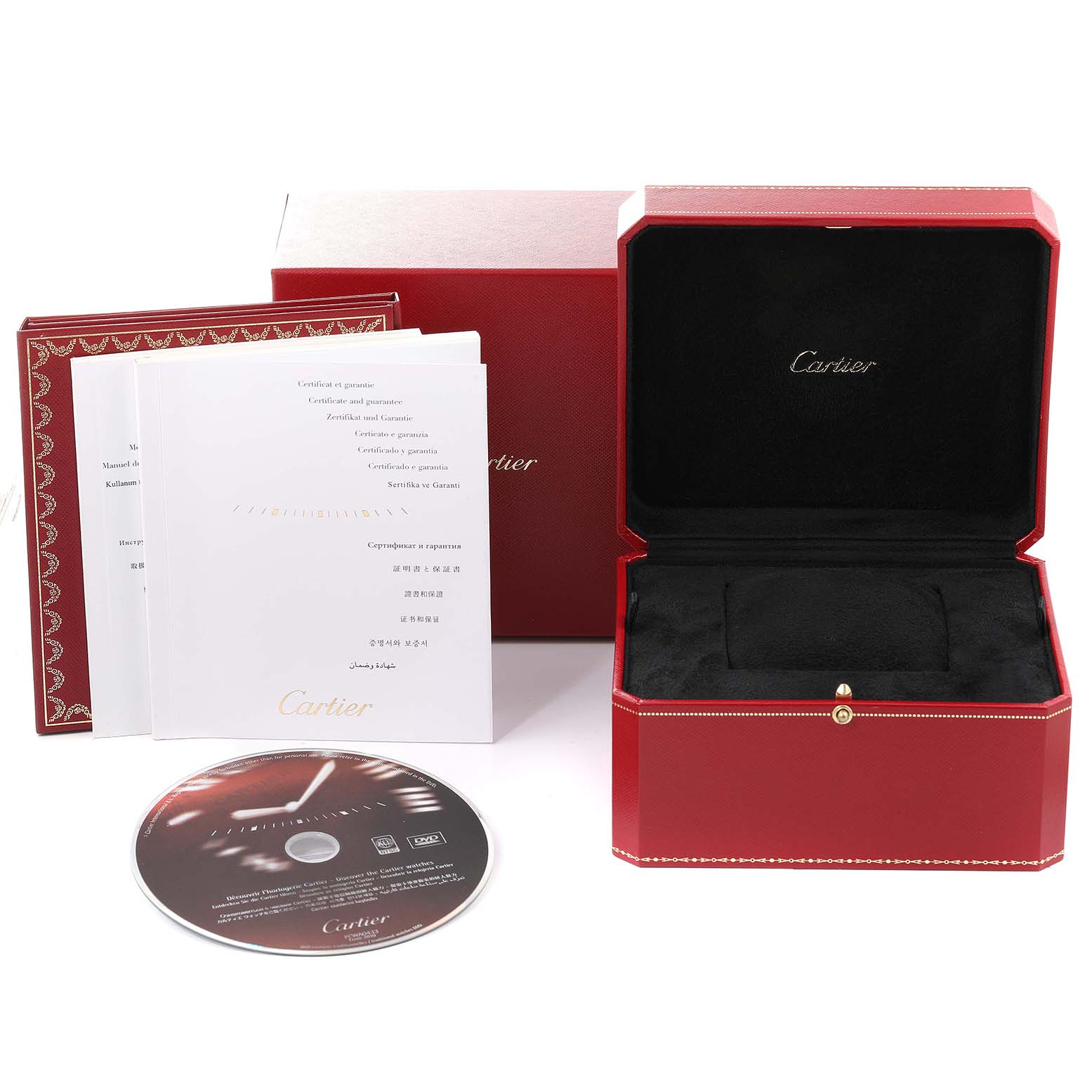 The image shows a Cartier Ronde W6700455 Men
s Yellow Gold Silver Dial W6700455 Men
s Yellow Gold Silver Dial watch
s box, instructional booklet, guarantee papers, and a CD from a front angle.