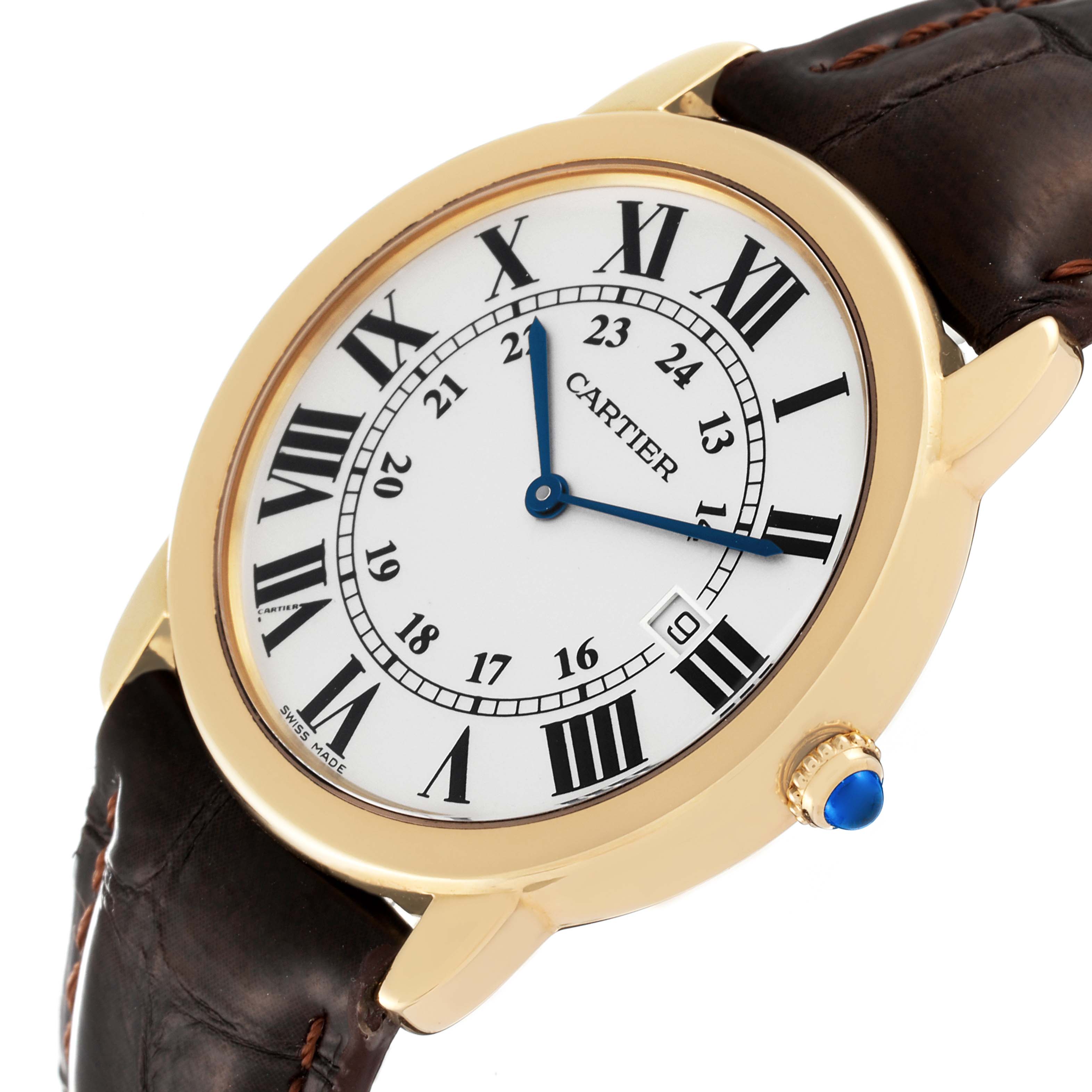 This image shows a Cartier Ronde W6700455 Men
s Yellow Gold Silver Dial W6700455 Men
s Yellow Gold Silver Dial model watch at an angled close-up, highlighting the face, gold bezel, and brown leather strap.