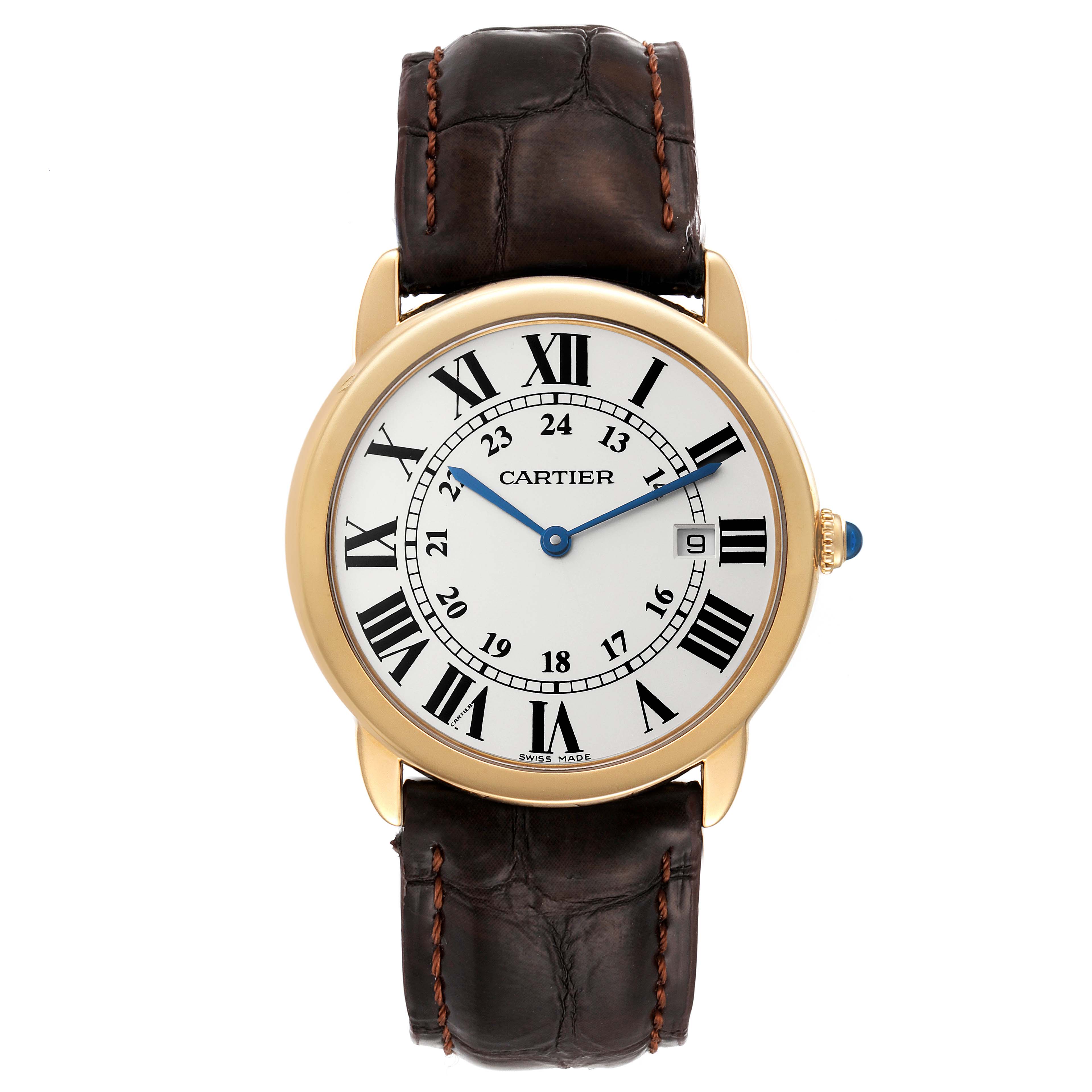The image shows a Cartier Ronde W6700455 Men
s Yellow Gold Silver Dial W6700455 Men
s Yellow Gold Silver Dial watch from a front view, highlighting its face, Roman numerals, and brown leather strap.