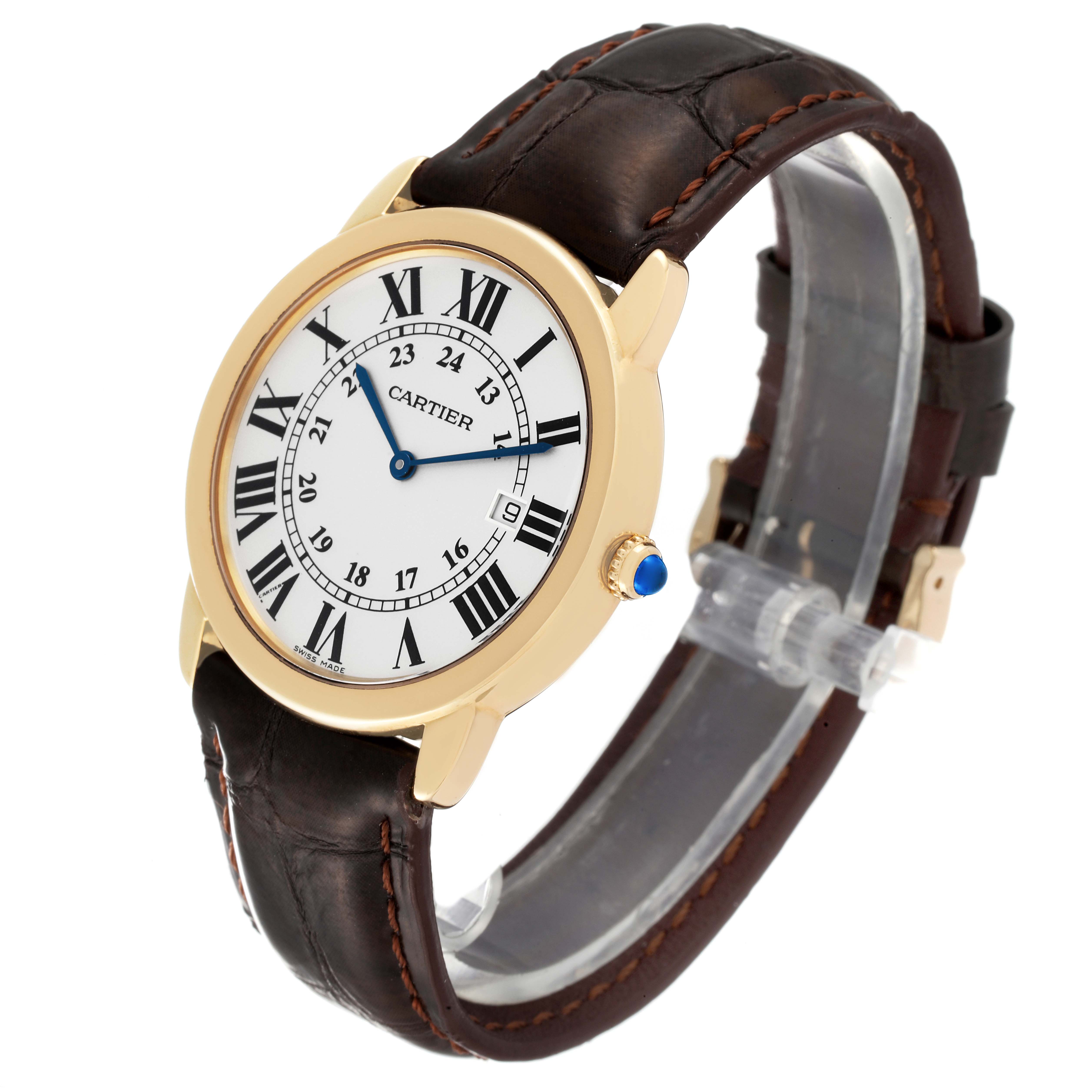 The image shows a Cartier Ronde W6700455 Men
s Yellow Gold Silver Dial W6700455 Men
s Yellow Gold Silver Dial watch at a three-quarter angle, highlighting the dial, case, crown, and leather strap.