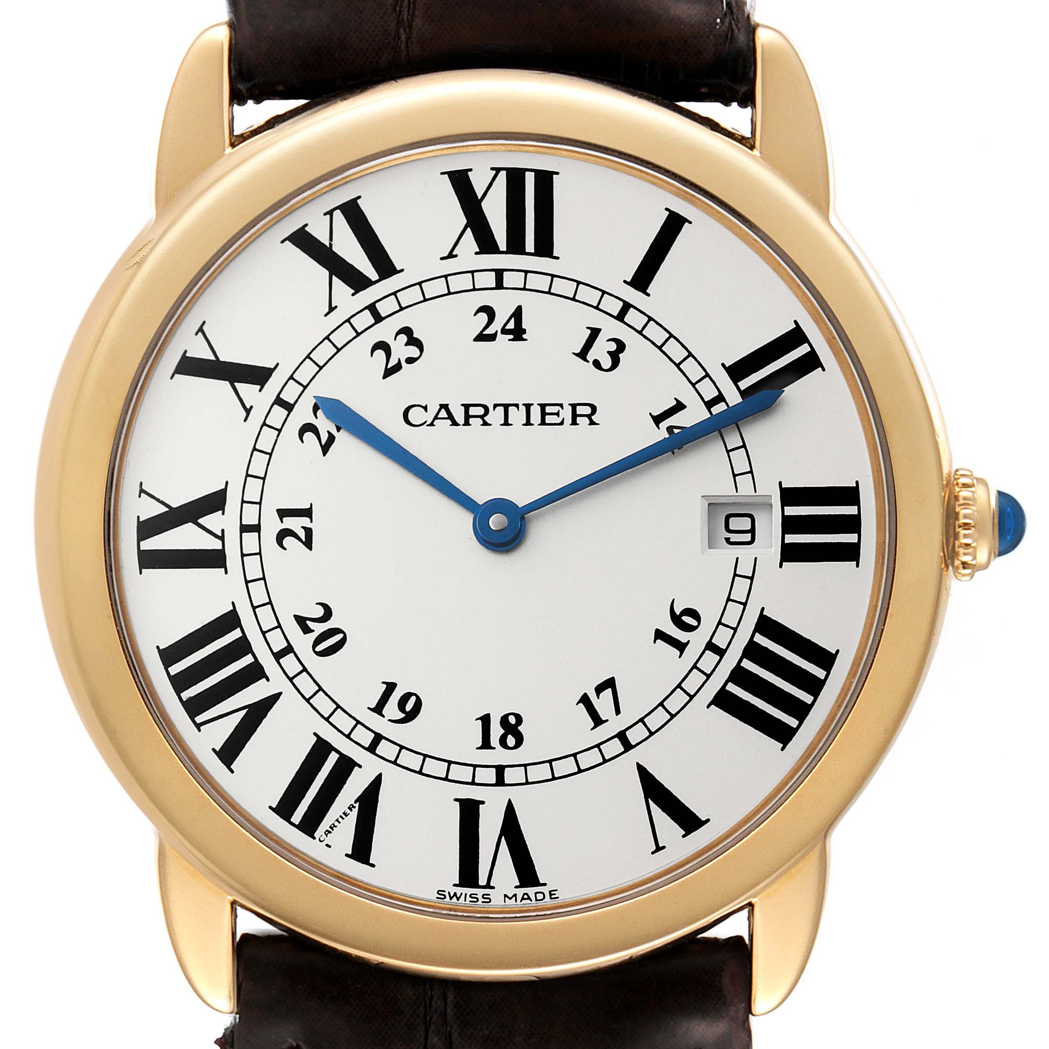 The image shows the front face of the Cartier Ronde W6700455 Men
s Yellow Gold Silver Dial W6700455 Men
s Yellow Gold Silver Dial model watch, featuring Roman numerals and a leather strap.
