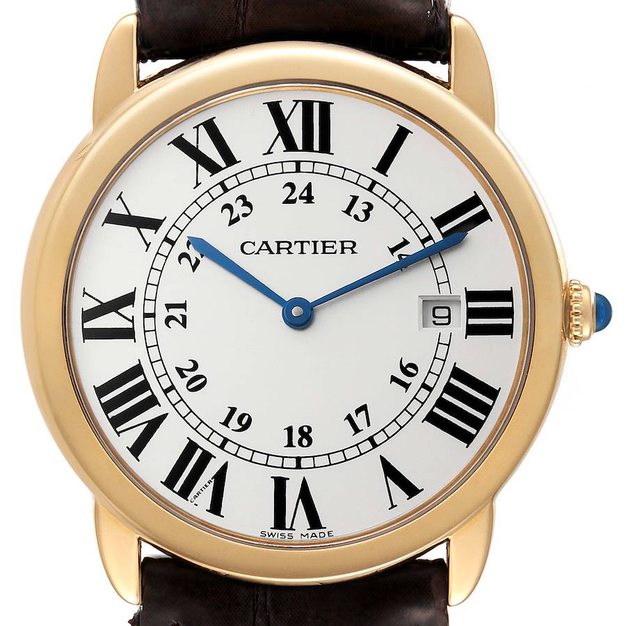 Cartier Ronde Solo Large Yellow Gold Steel Brown Strap Mens Watch W6700455 Box Papers SwissWatchExpo