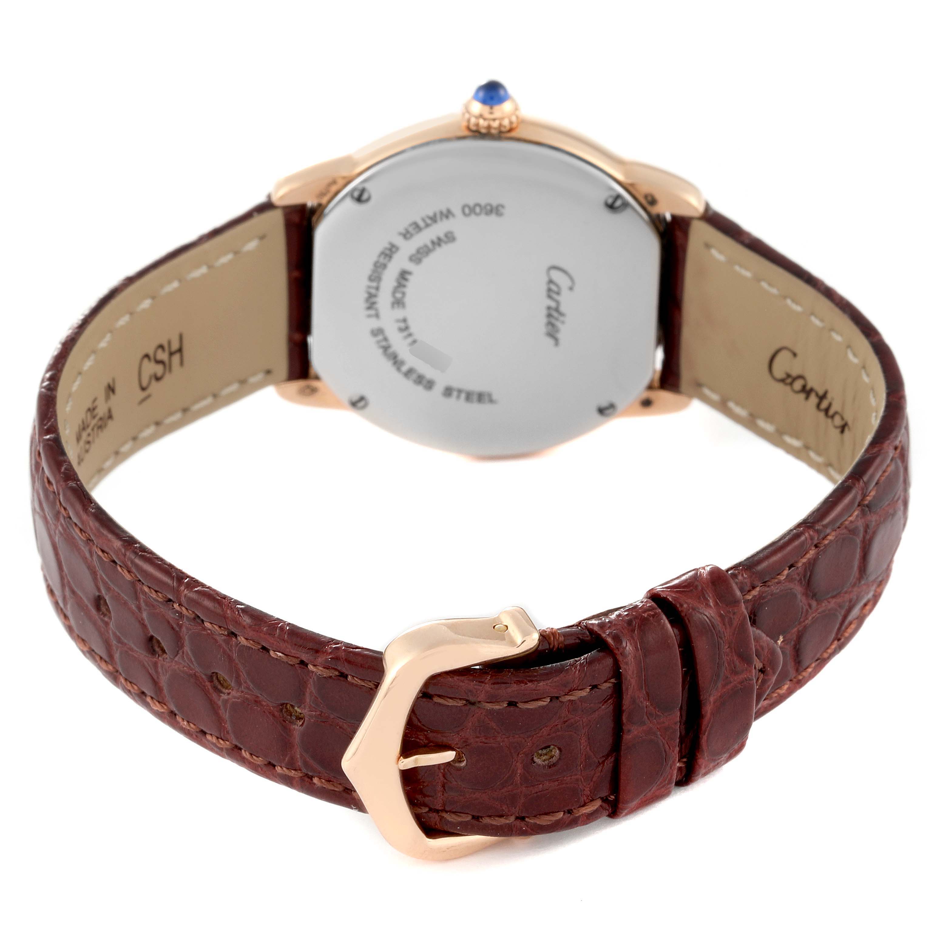 This image shows the back case and the leather strap of the Cartier Ronde W6701007 Women's Rose Gold Silver Dial W6701007 Women's Rose Gold Silver Dial model watch.