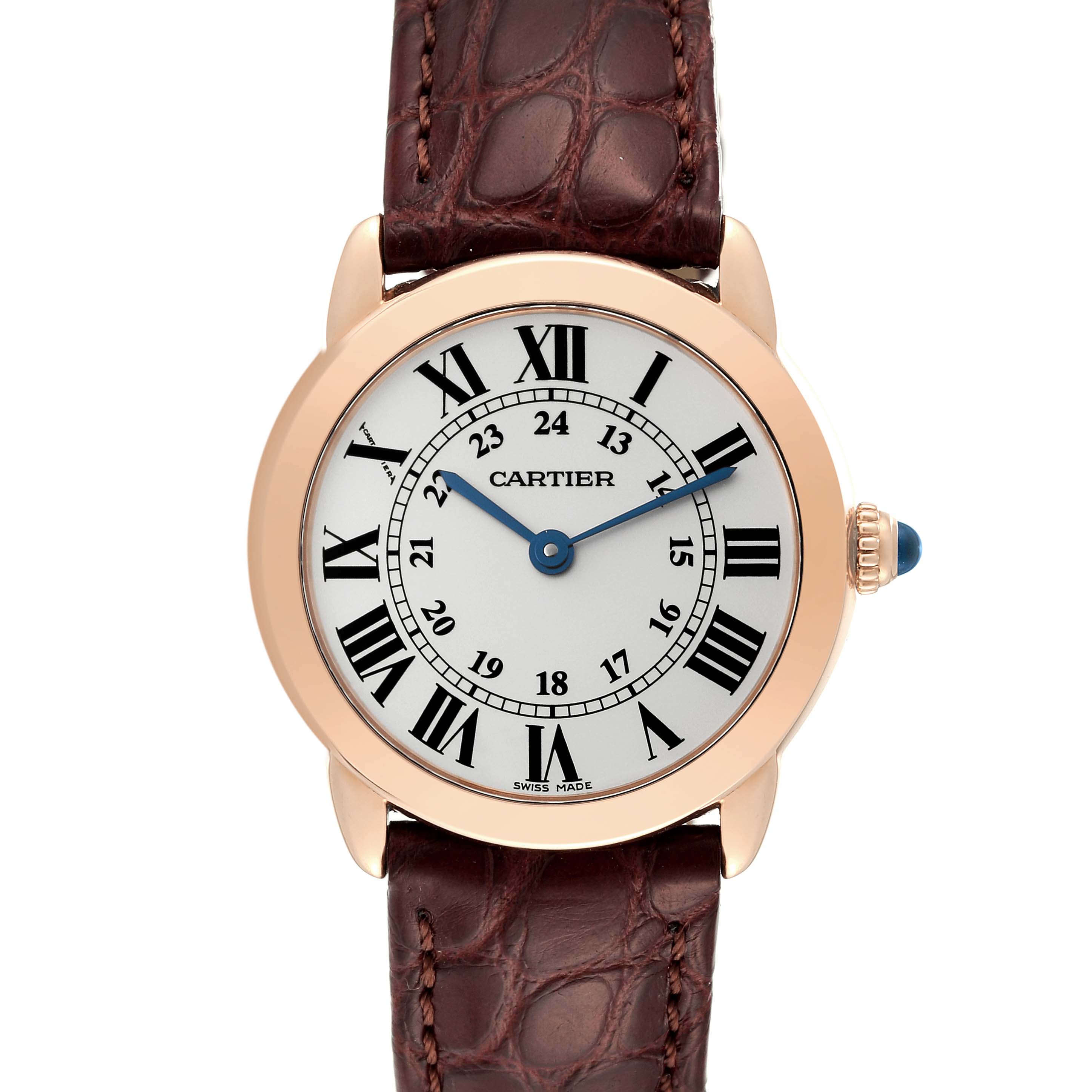 The image shows a Cartier Ronde W6701007 Women's Rose Gold Silver Dial W6701007 Women's Rose Gold Silver Dial model watch from the front, highlighting its face, casing, and leather strap.