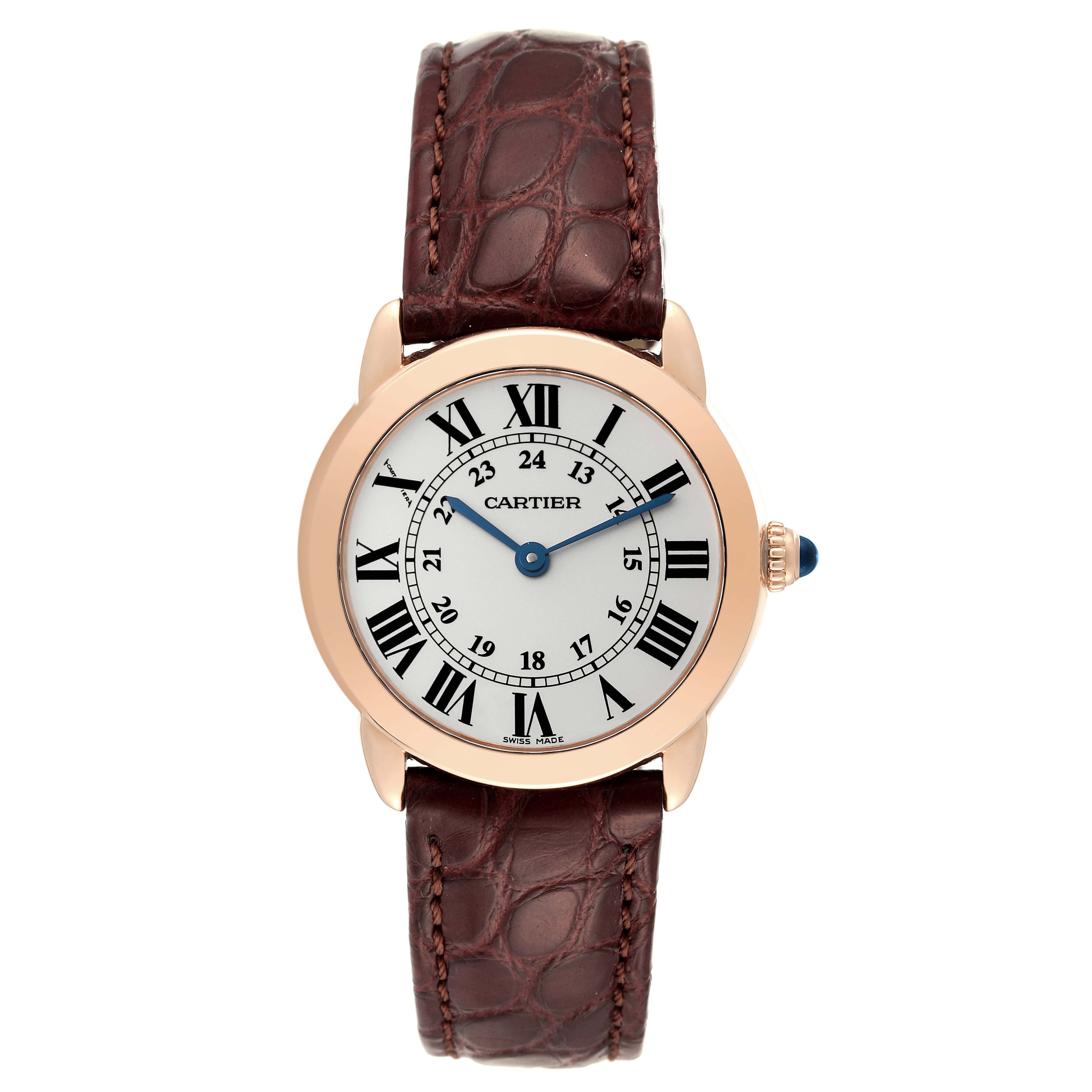 The image shows a front view of a Cartier Ronde W6701007 Women's Rose Gold Silver Dial W6701007 Women's Rose Gold Silver Dial model watch with a brown leather strap and Roman numeral dial.