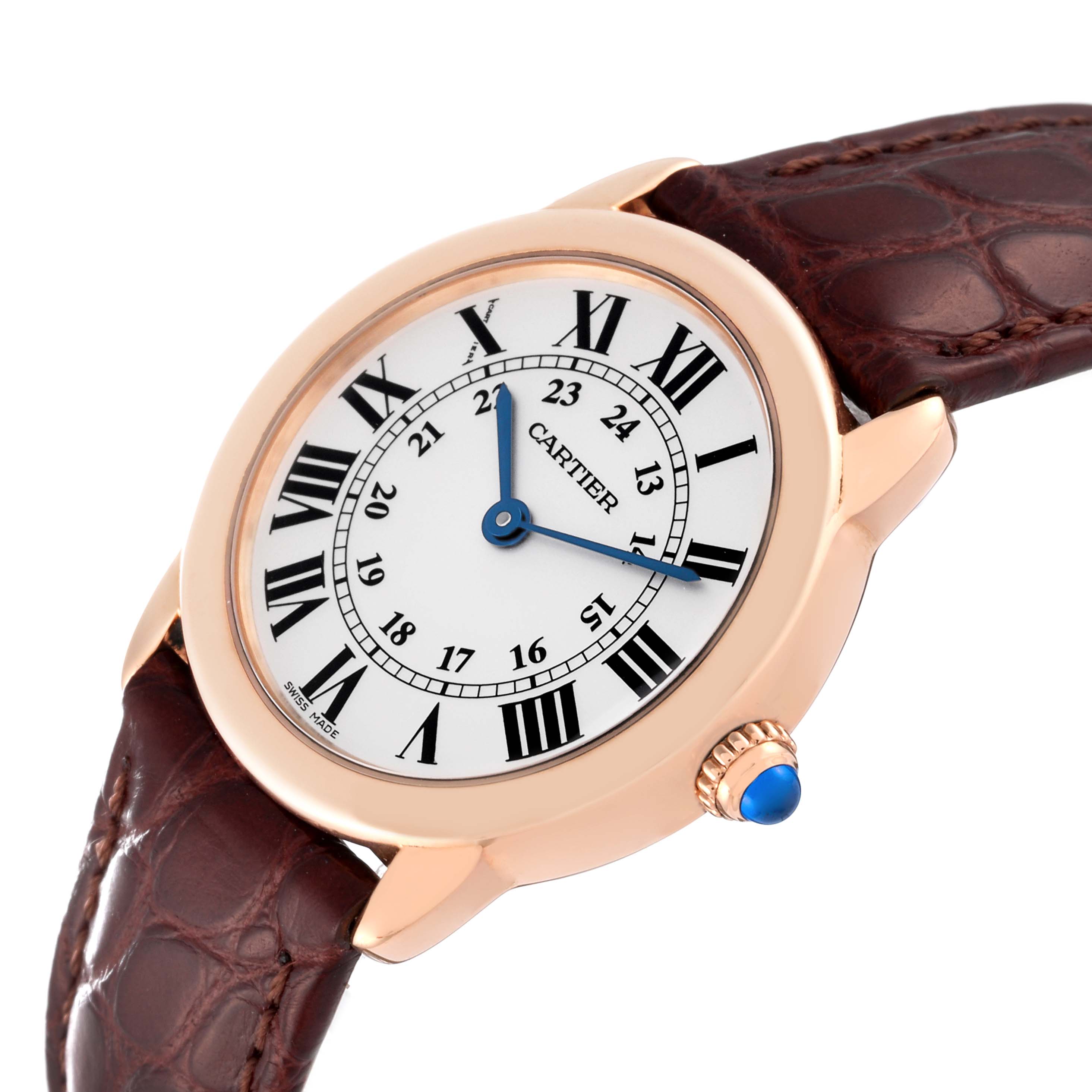 This image displays the Cartier Ronde W6701007 Women's Rose Gold Silver Dial W6701007 Women's Rose Gold Silver Dial model watch, showcasing its face, bezel, crown, and part of the leather strap from an oblique angle.