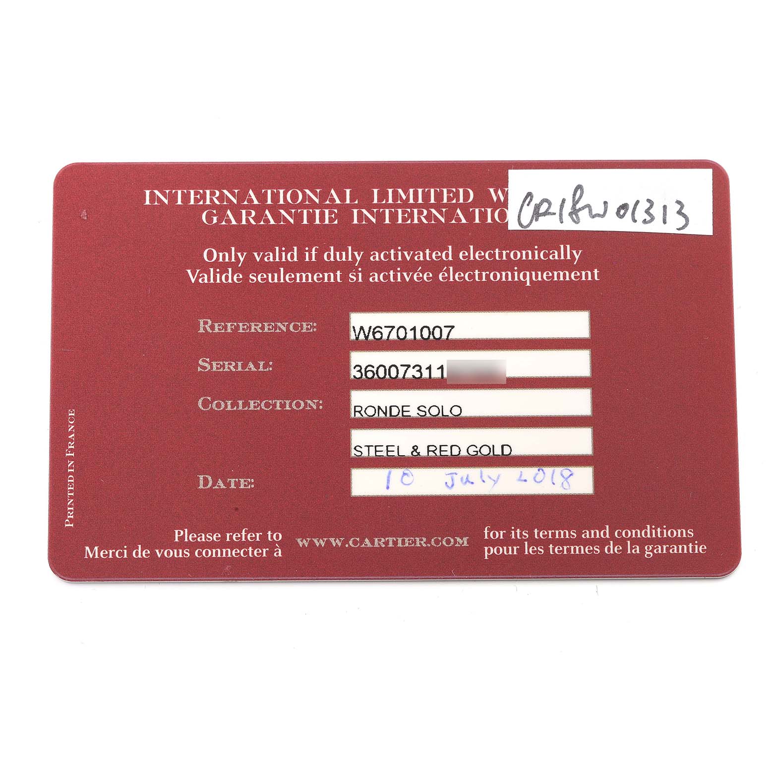 The image shows an International Limited Warranty card for the Cartier Ronde W6701007 Women's Rose Gold Silver Dial W6701007 Women's Rose Gold Silver Dial Solo model, displaying reference and serial numbers and purchase date.