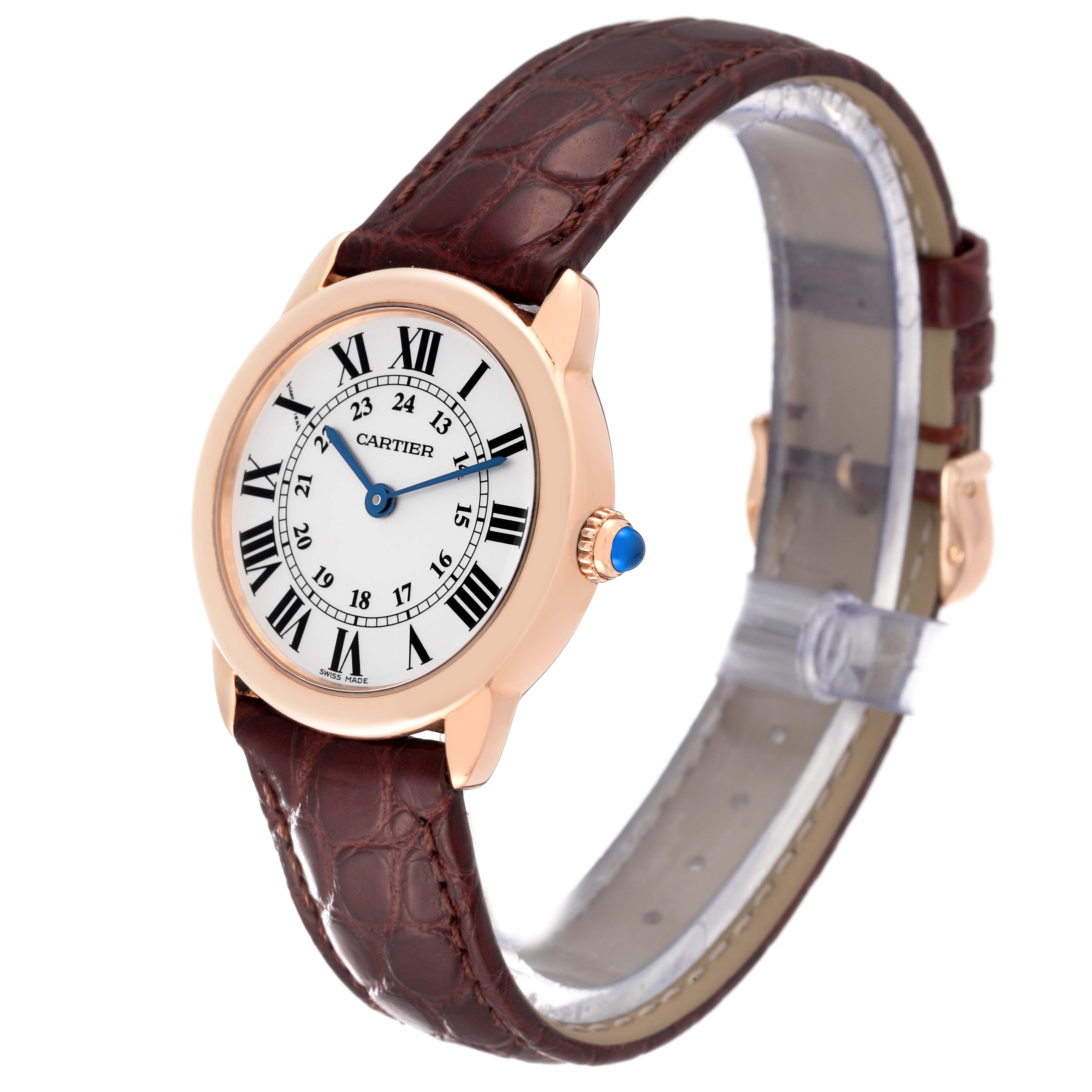 The image shows a Cartier Ronde W6701007 Women's Rose Gold Silver Dial W6701007 Women's Rose Gold Silver Dial watch at a three-quarter angle, highlighting its face, crown, and brown leather strap.