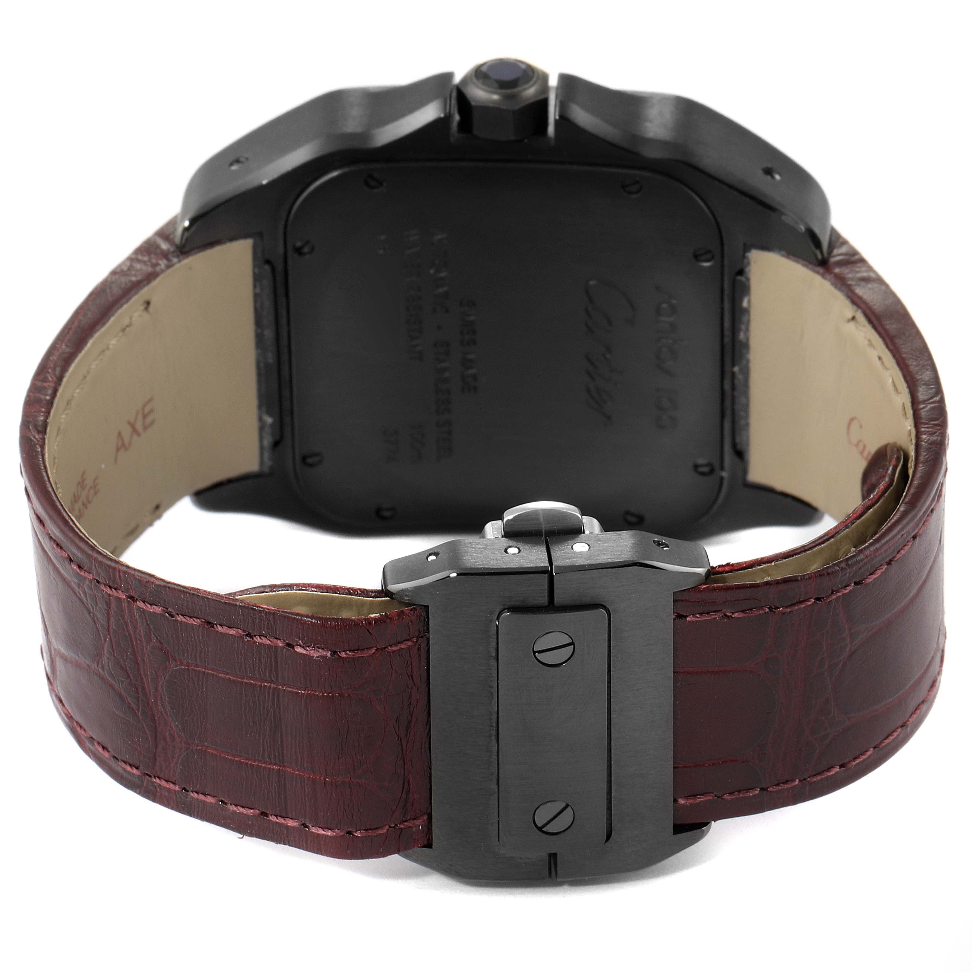 The image shows the back view of a Cartier Santos WSSA0006 Men's Stainless Steel Black Dial WSSA0006 Men's Stainless Steel Black Dial model watch, displaying the case back and leather strap with clasp.
