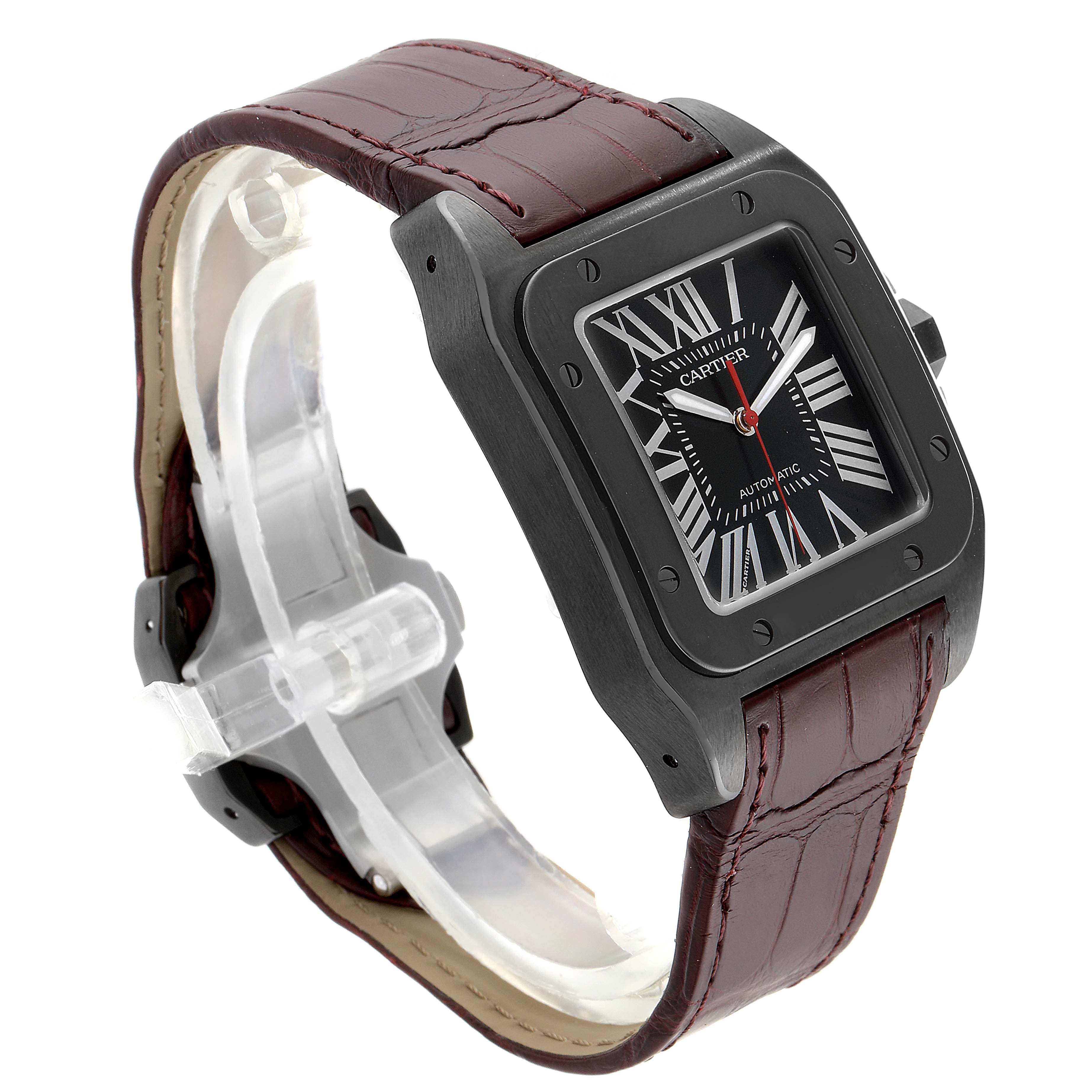 The image shows a Cartier Santos WSSA0006 Men's Stainless Steel Black Dial WSSA0006 Men's Stainless Steel Black Dial watch at an angled view, highlighting its face and burgundy leather strap.