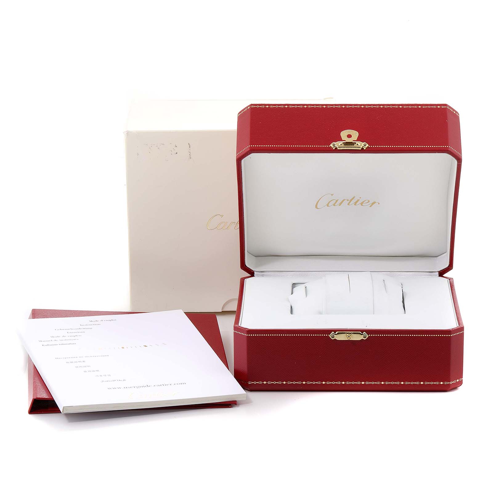 The image shows the packaging and documentation for a Cartier Santos WSSA0006 Men's Stainless Steel Black Dial WSSA0006 Men's Stainless Steel Black Dial watch, including a red box, white outer box, and booklets.