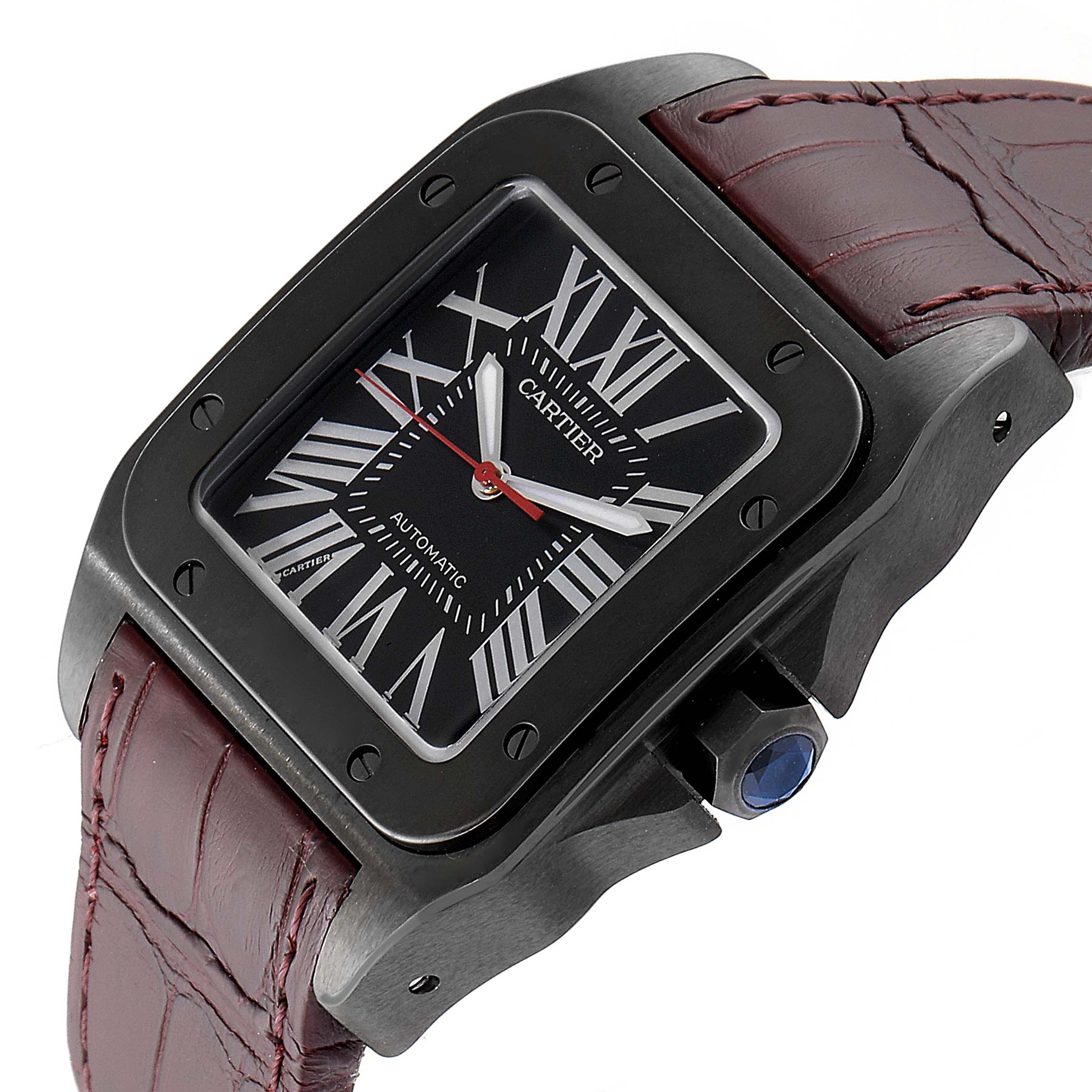 The image shows a Santos model by Cartier at a slightly tilted angle, highlighting the dial, bezel, and part of the maroon leather strap.
