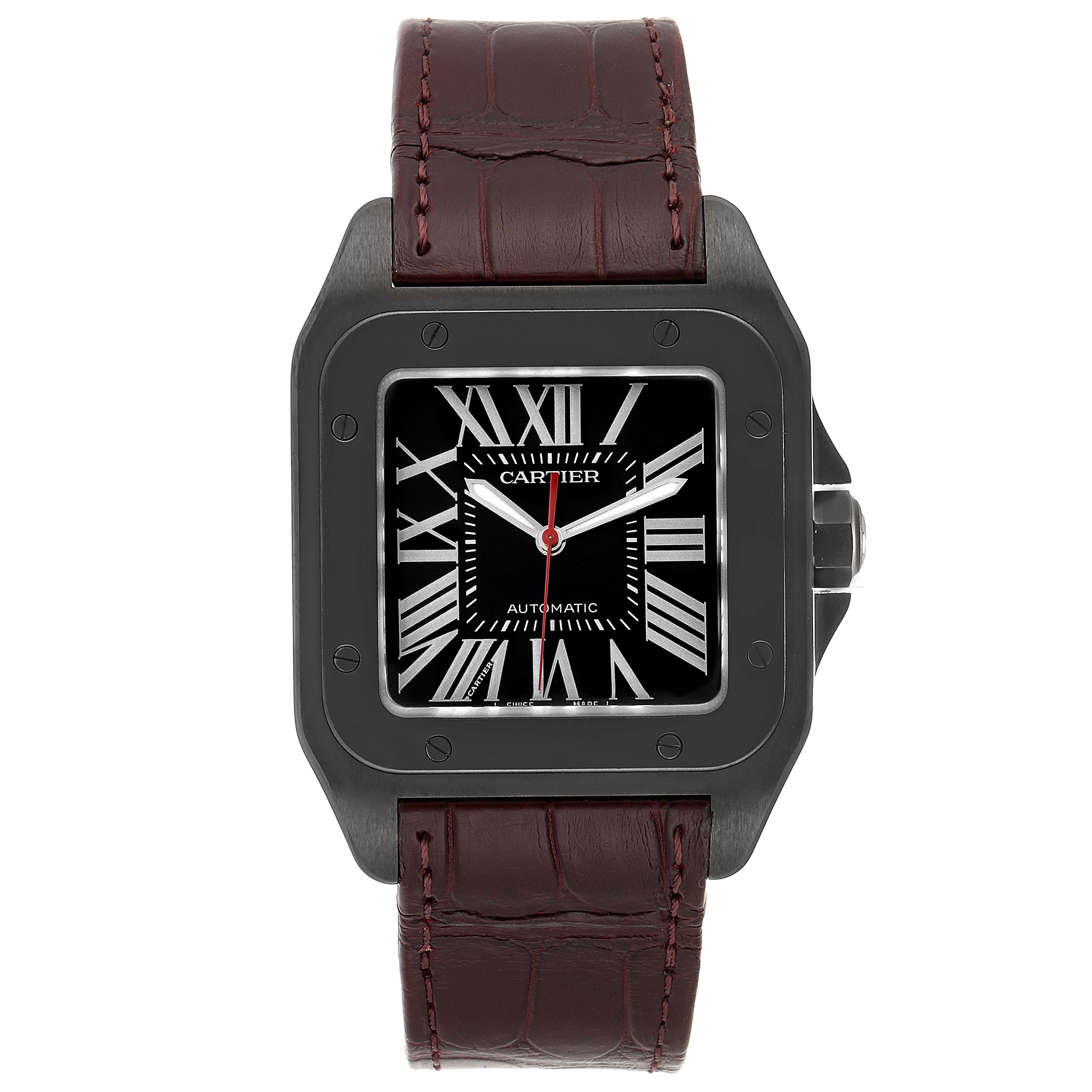 This image shows the front view of a Cartier Santos WSSA0006 Men's Stainless Steel Black Dial WSSA0006 Men's Stainless Steel Black Dial watch with a black dial and leather strap.