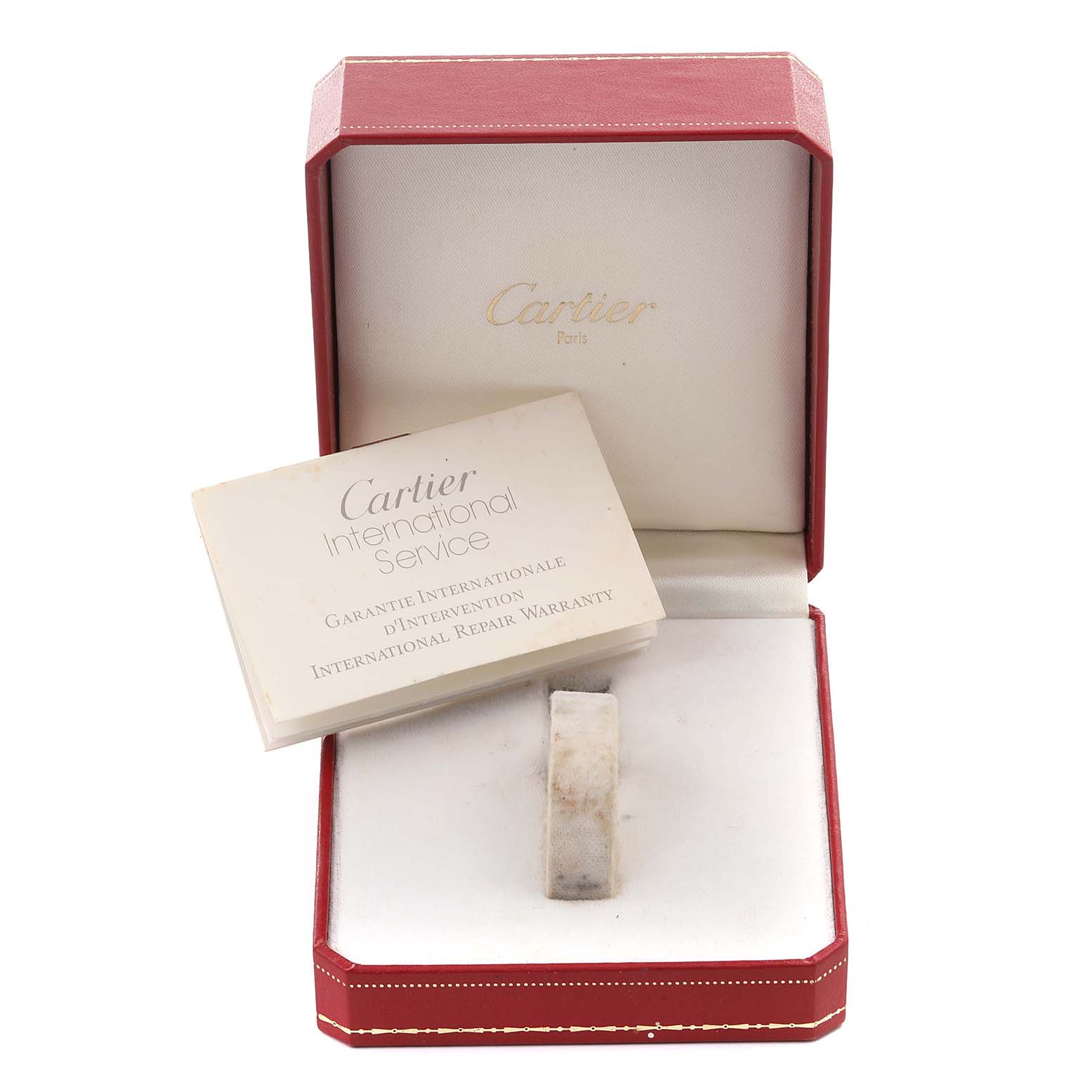 The image shows a Cartier Santos W20012C4 Women's Steel and Gold (two tone) Silver Dial W20012C4 Women's Steel and Gold (two tone) Silver Dial watch in its box, viewed from the front, with warranty cards included.