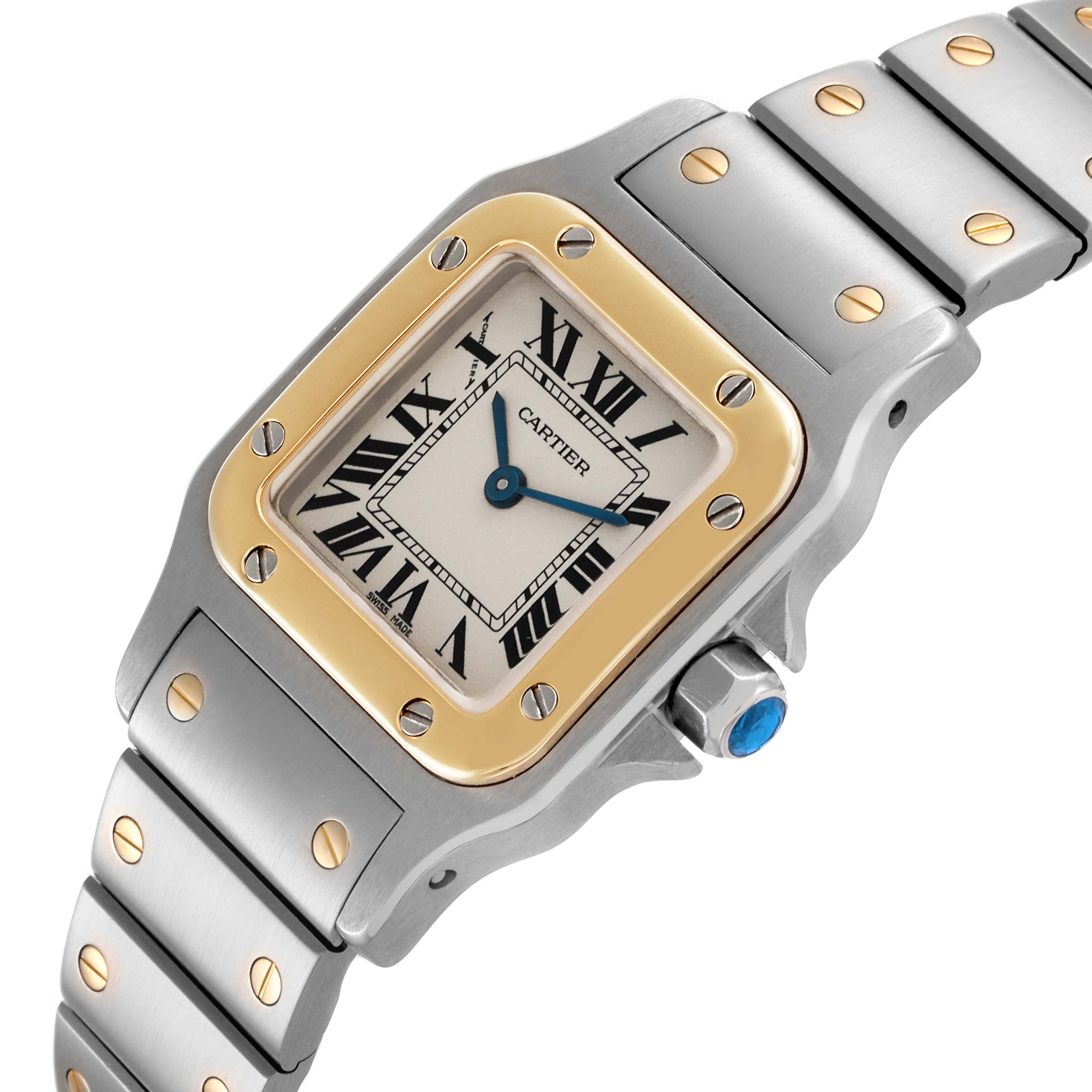 The Cartier Santos W20012C4 Women's Steel and Gold (two tone) Silver Dial W20012C4 Women's Steel and Gold (two tone) Silver Dial watch is shown at an angled close-up, highlighting the face, bezel, and part of the bracelet.