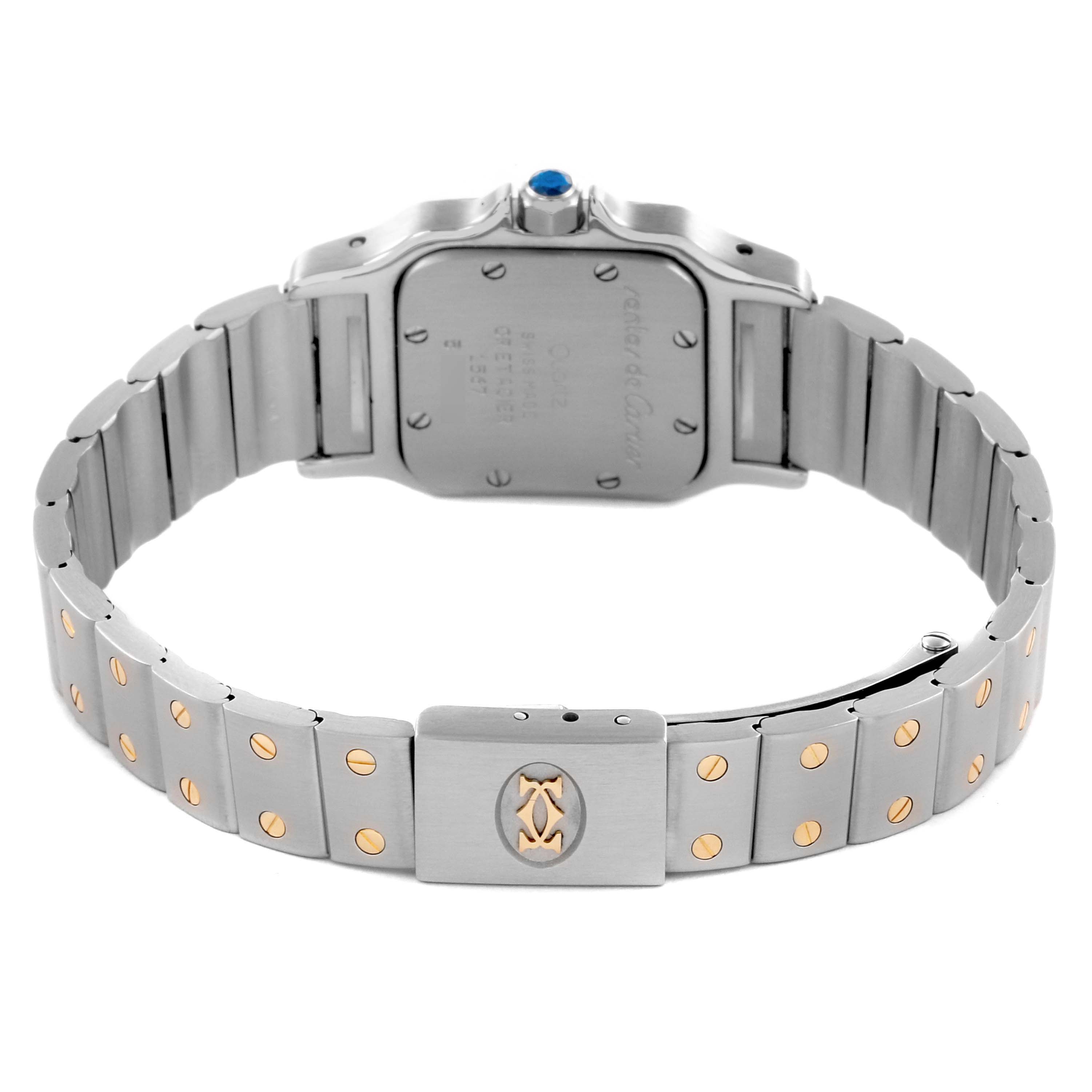 The image shows the back case, bracelet, and clasp of the Cartier Santos W20012C4 Women's Steel and Gold (two tone) Silver Dial W20012C4 Women's Steel and Gold (two tone) Silver Dial watch.