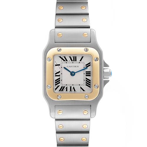 The Cartier Santos watch is shown from the front, highlighting the dial, bezel, crown, and bracelet.