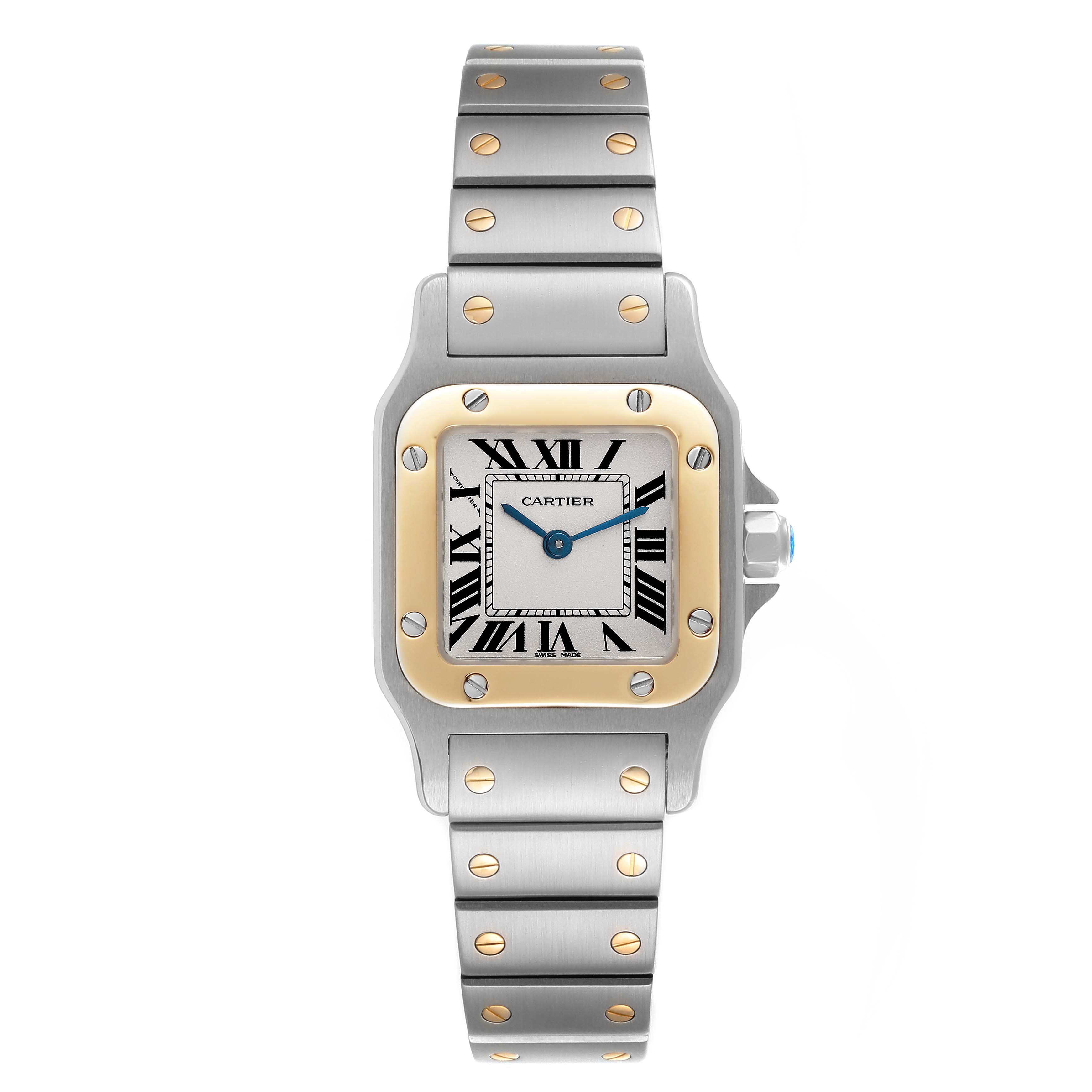 The Cartier Santos W20012C4 Women's Steel and Gold (two tone) Silver Dial W20012C4 Women's Steel and Gold (two tone) Silver Dial watch is shown from a front angle, displaying the face, bezel, crown, and bracelet.
