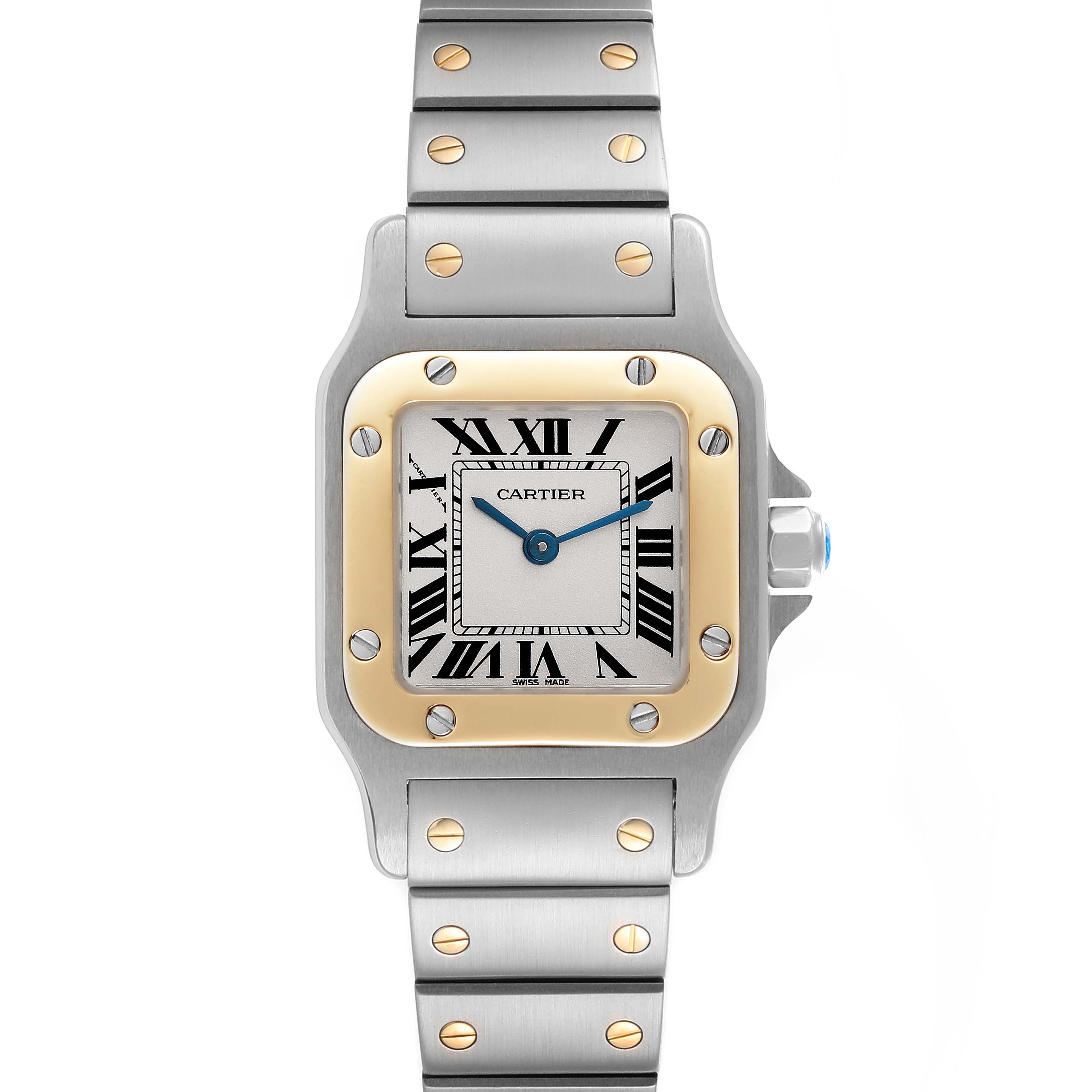 The image shows a frontal view of the Cartier Santos W20012C4 Women's Steel and Gold (two tone) Silver Dial W20012C4 Women's Steel and Gold (two tone) Silver Dial watch, highlighting its face, bezel, and bracelet.