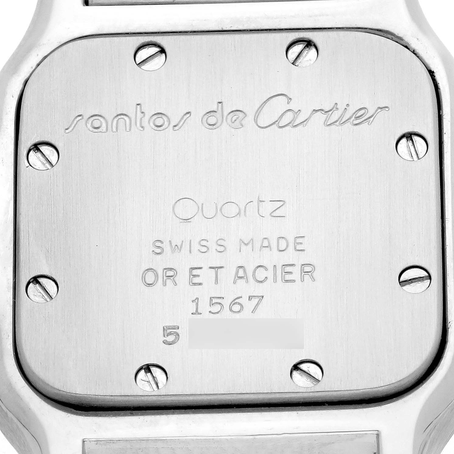 The image shows the back of a Cartier Santos W20012C4 Women's Steel and Gold (two tone) Silver Dial W20012C4 Women's Steel and Gold (two tone) Silver Dial watch, highlighting the engraved branding and case screws.