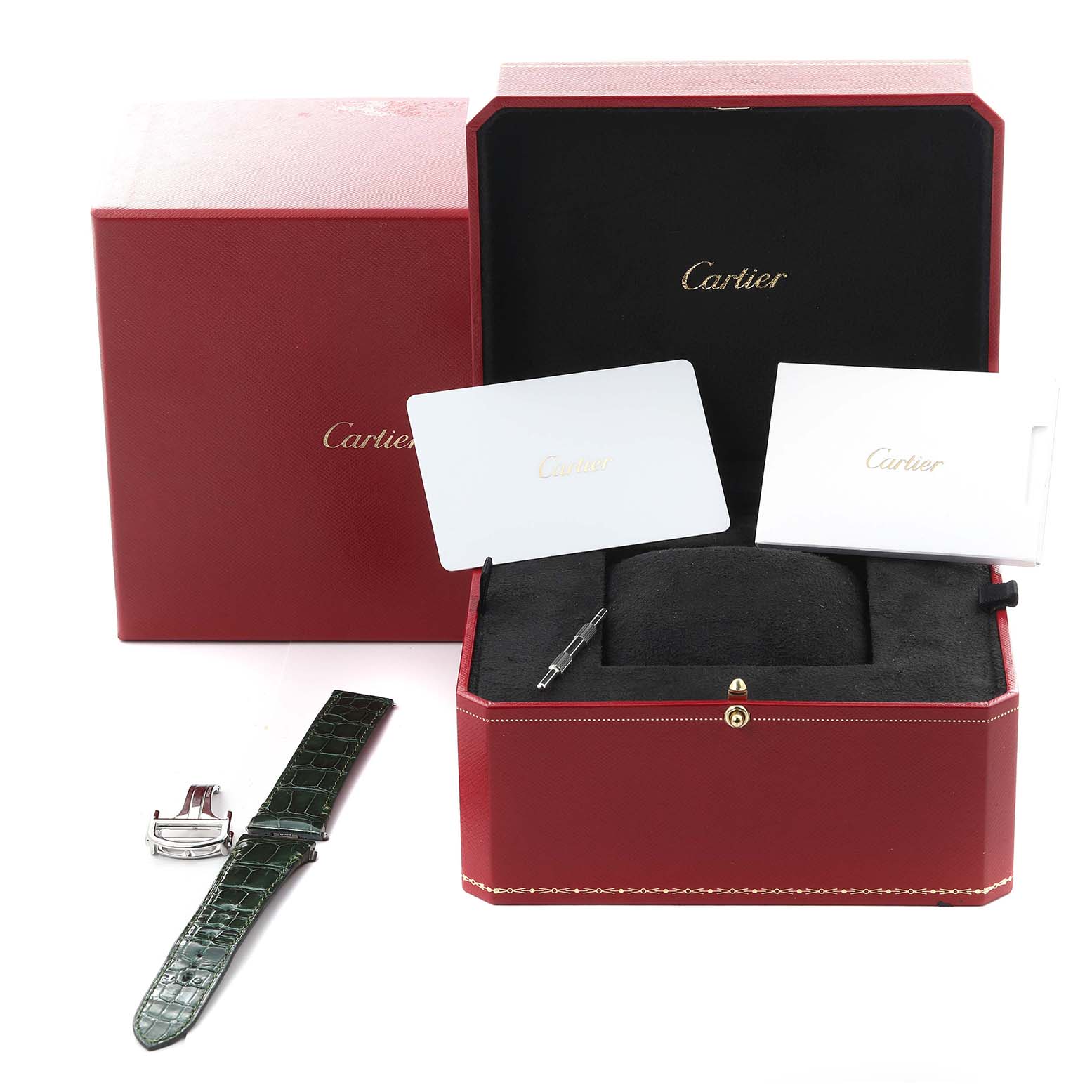 The Cartier Santos WSSA0062 Men's Stainless Steel Green Dial WSSA0062 Men's Stainless Steel Green Dial watch set includes a box, extra strap, and documentation shown from a front angle.