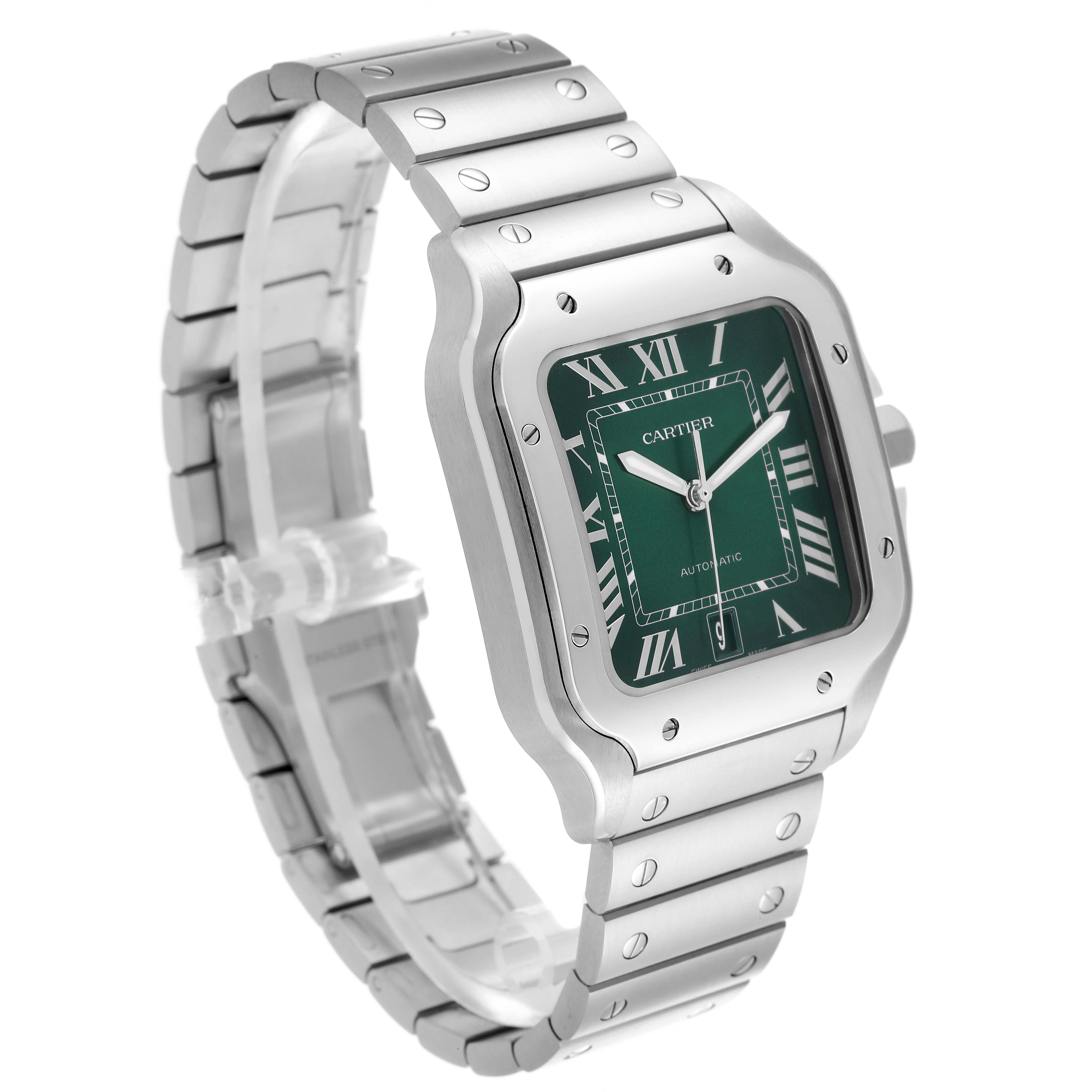 The Cartier Santos WSSA0062 Men's Stainless Steel Green Dial WSSA0062 Men's Stainless Steel Green Dial watch is shown at a three-quarter angle, highlighting the face, bezel, and bracelet.