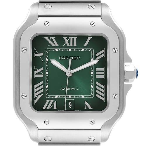 The image shows a frontal view of the Cartier Santos watch, highlighting its green dial and stainless steel case.