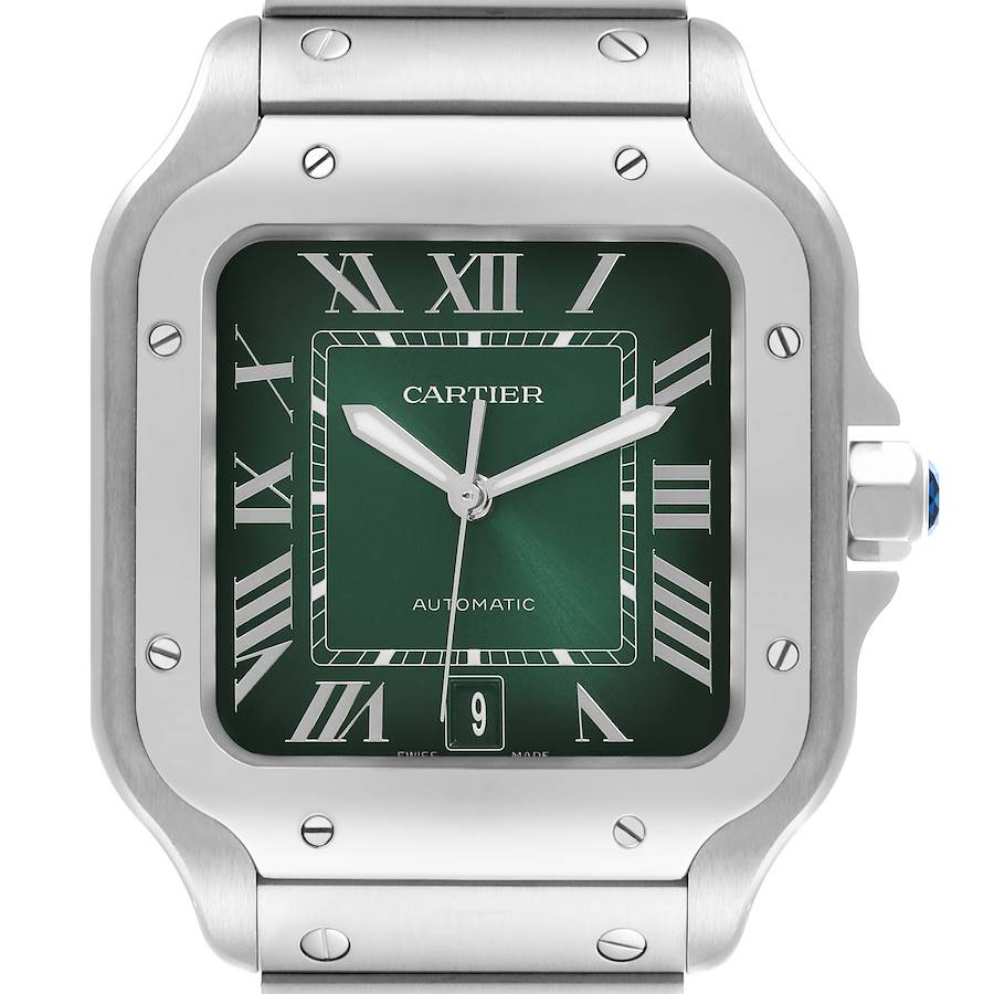 This image shows the front view of a Cartier Santos watch, highlighting the green dial with Roman numerals and metal bezel.