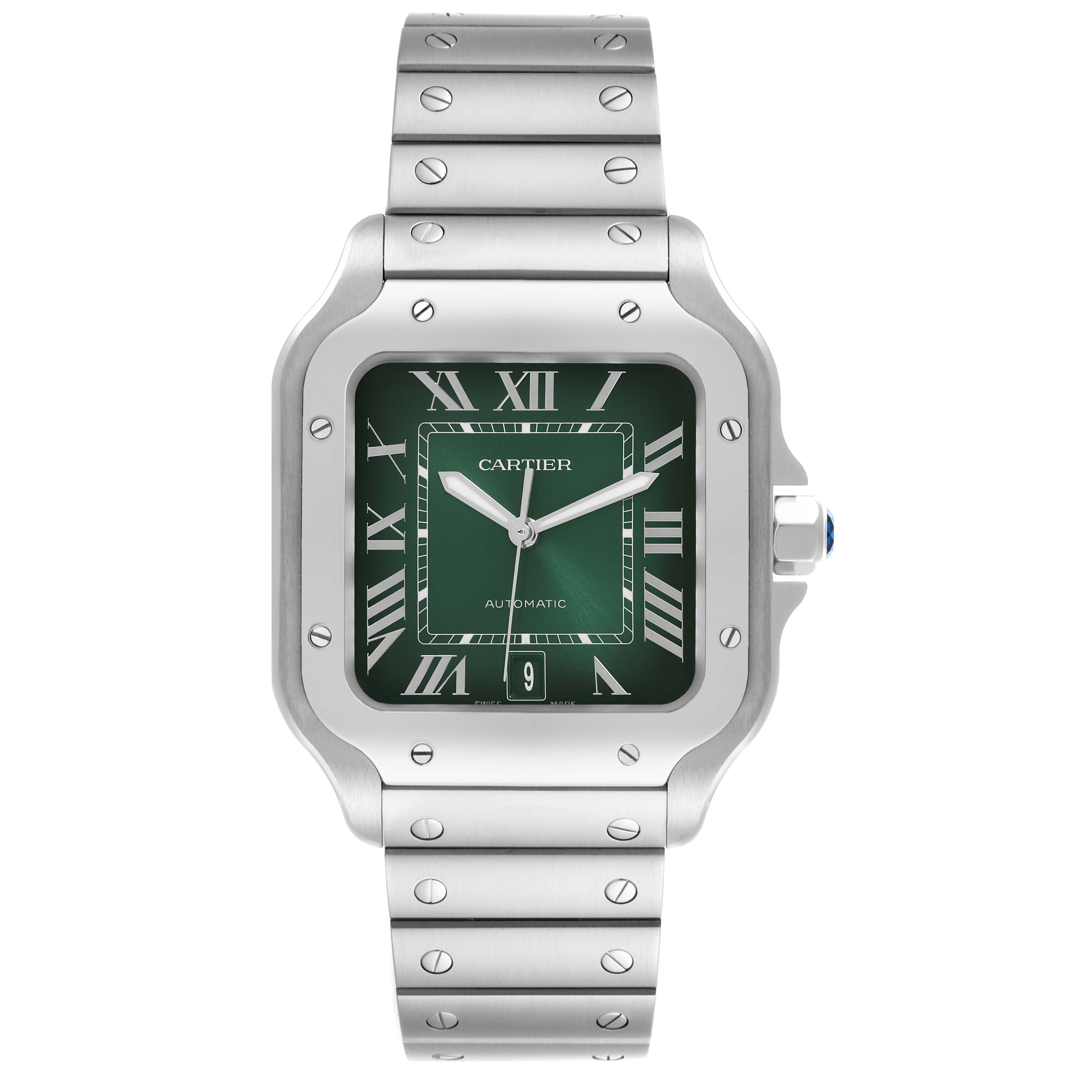 The Cartier Santos WSSA0062 Men's Stainless Steel Green Dial WSSA0062 Men's Stainless Steel Green Dial watch is shown from a front angle, highlighting its green dial, Roman numerals, and metal bracelet.
